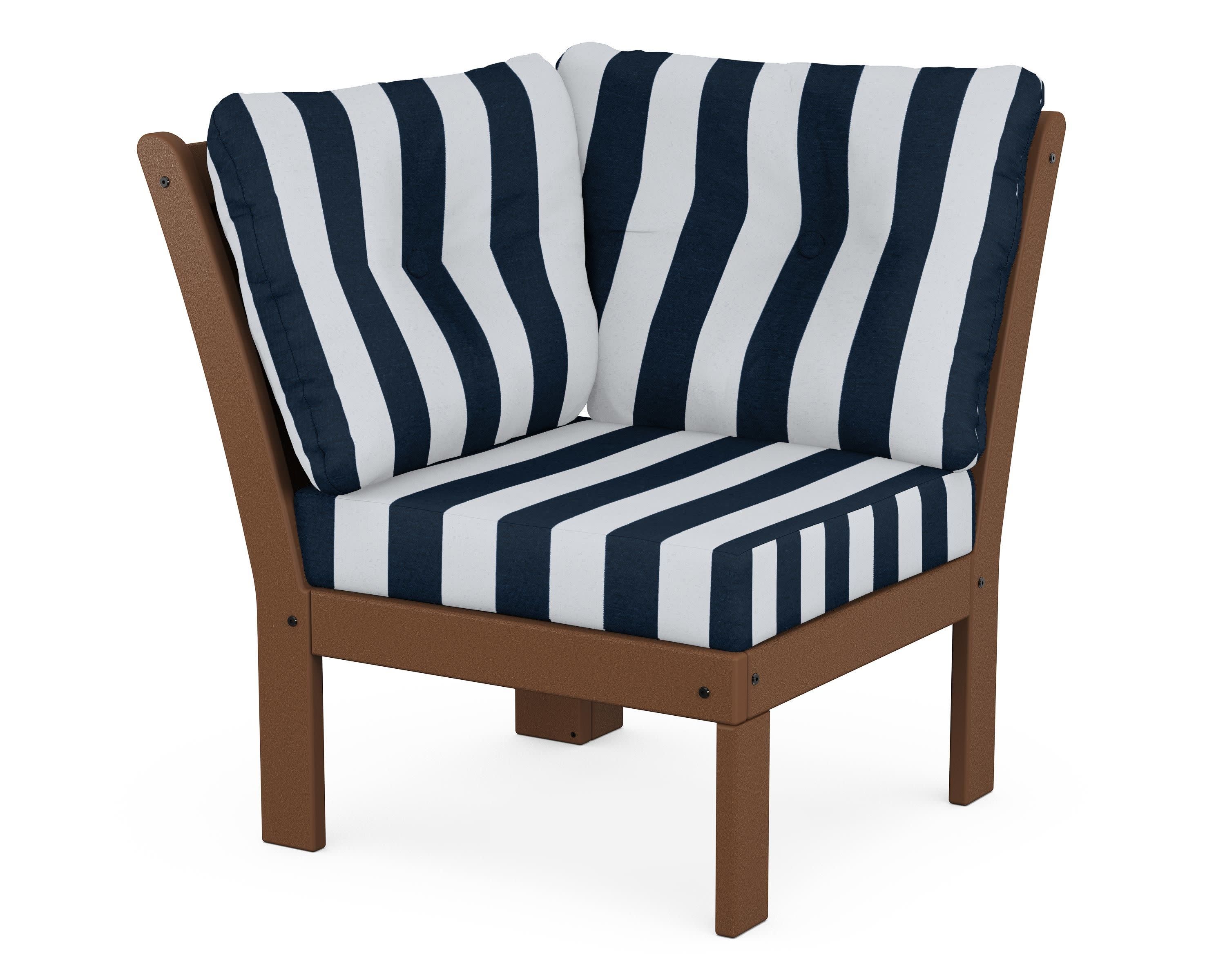 Vineyard Modular Corner Chair in Teak / Cabana Stripe Marine Indigo