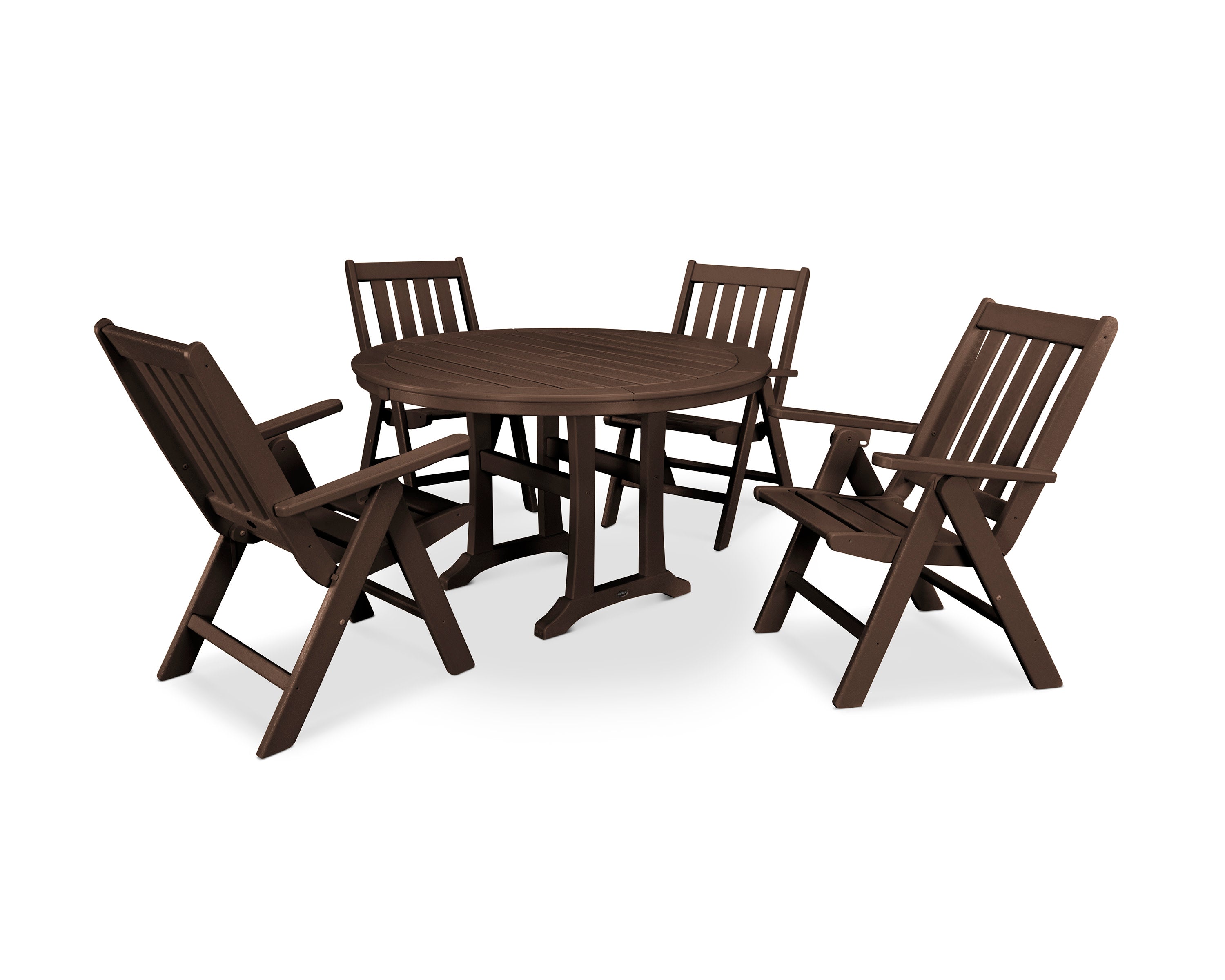 Vineyard Folding Chair 5-Piece Round Dining Set with Trestle Legs in Mahogany
