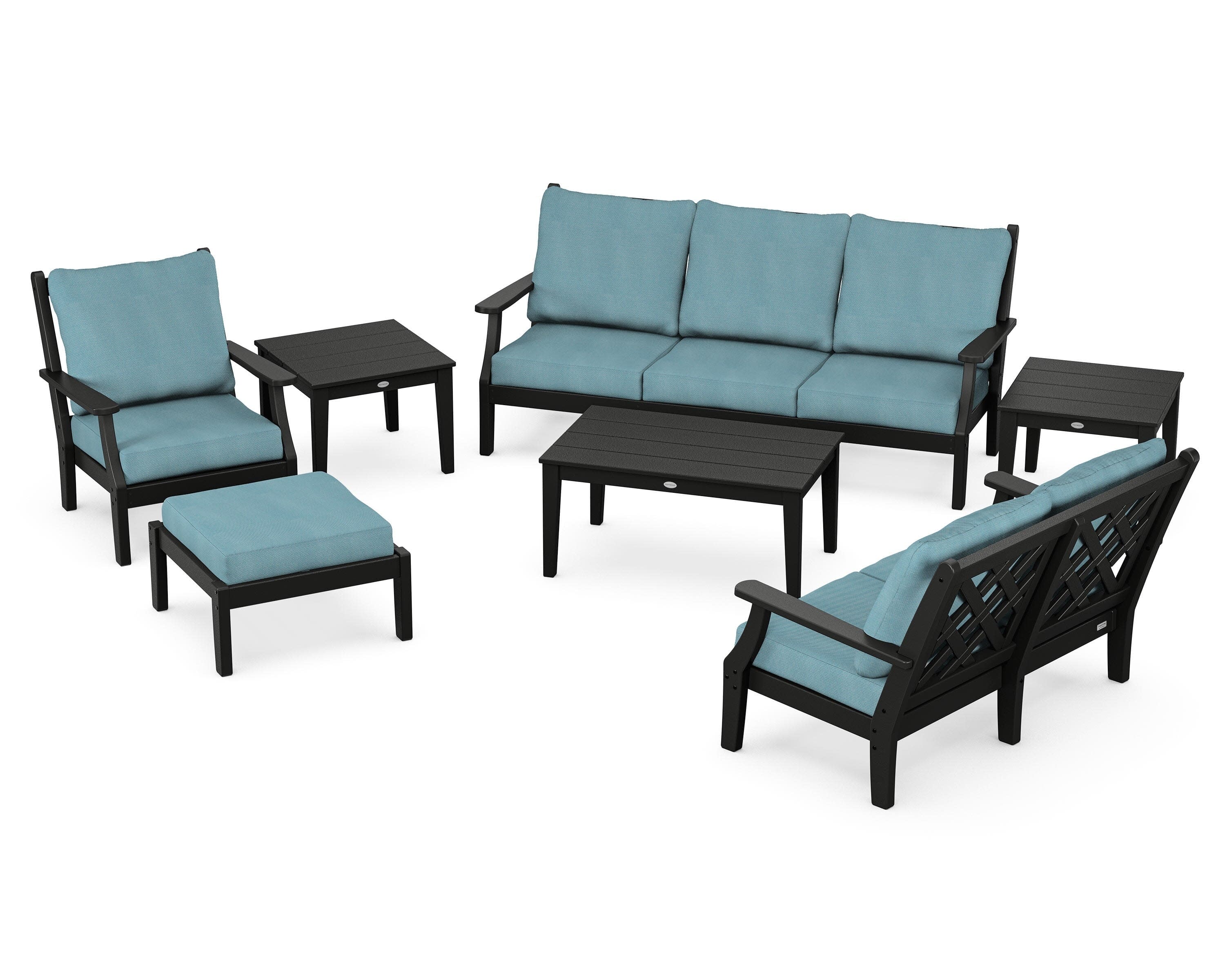 Wovendale 7-Piece Deep Seating Set in Black / Lattice Sky Blue