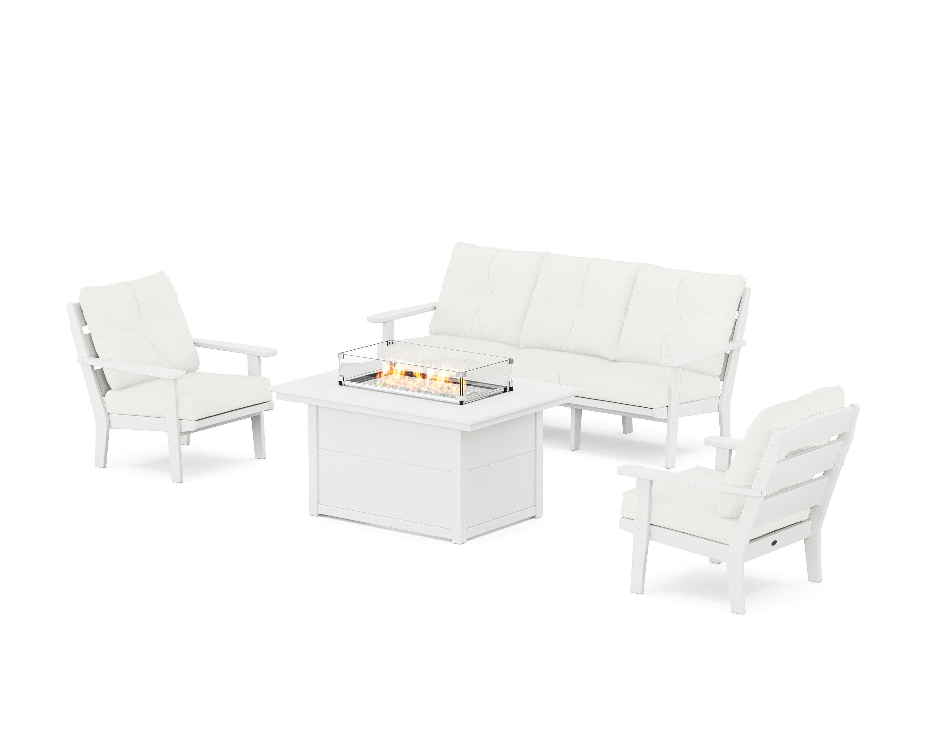 Lakeside Deep Seating Fire Pit Table Set in White / Natural Linen