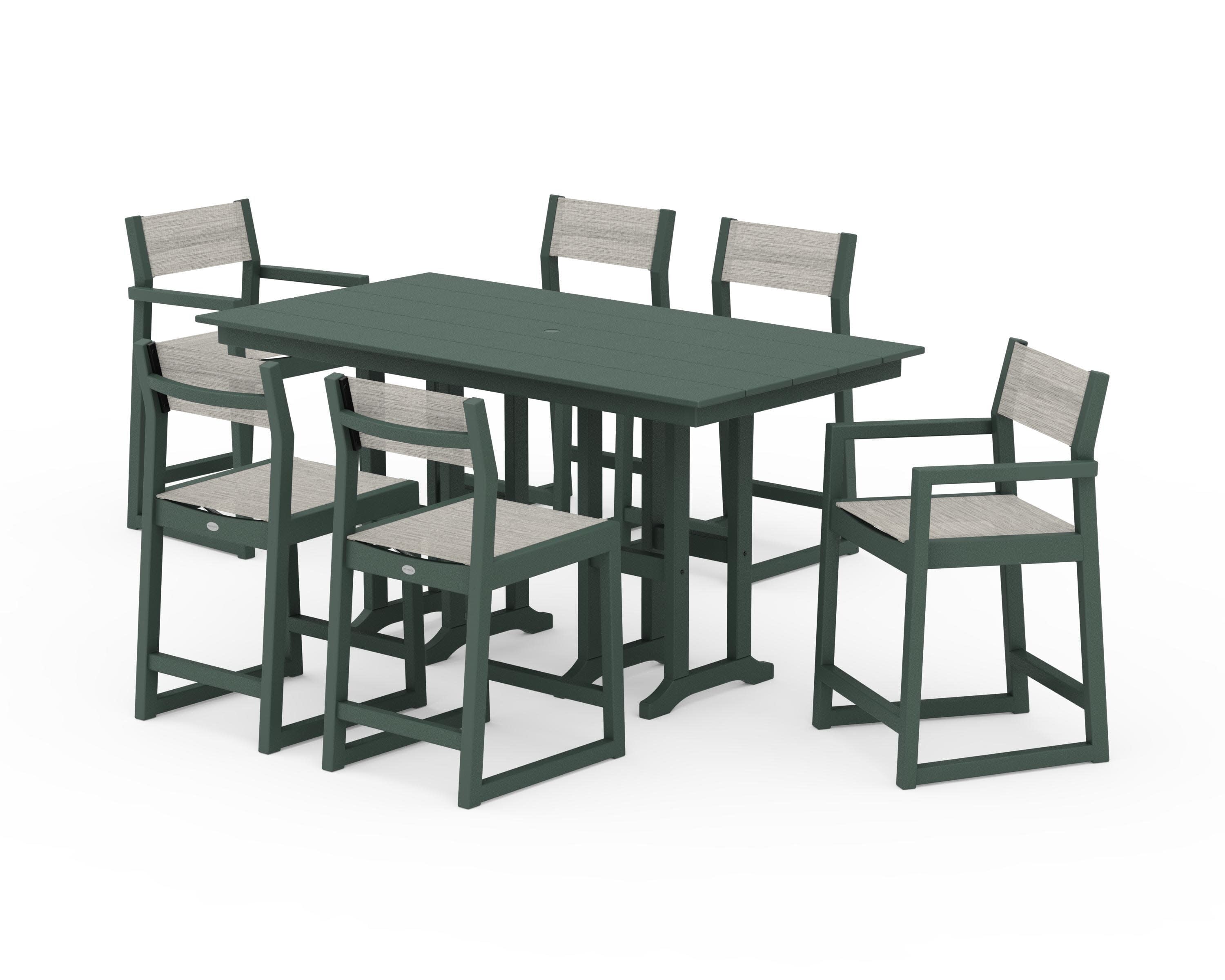 EDGE Sling 7-Piece Farmhouse Counter Set with Trestle Legs in Green / Birch Sling