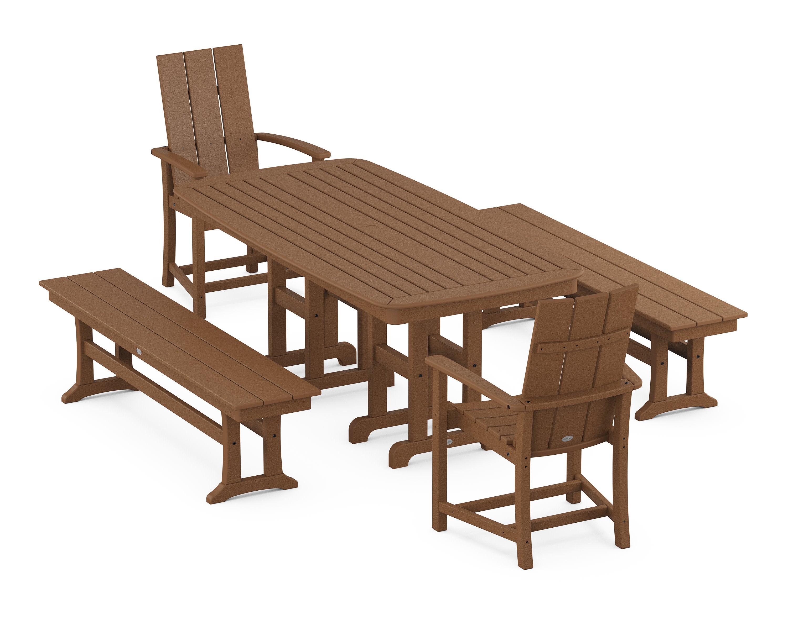 Modern Adirondack 5-Piece Farmhouse Dining Set with Benches in Teak