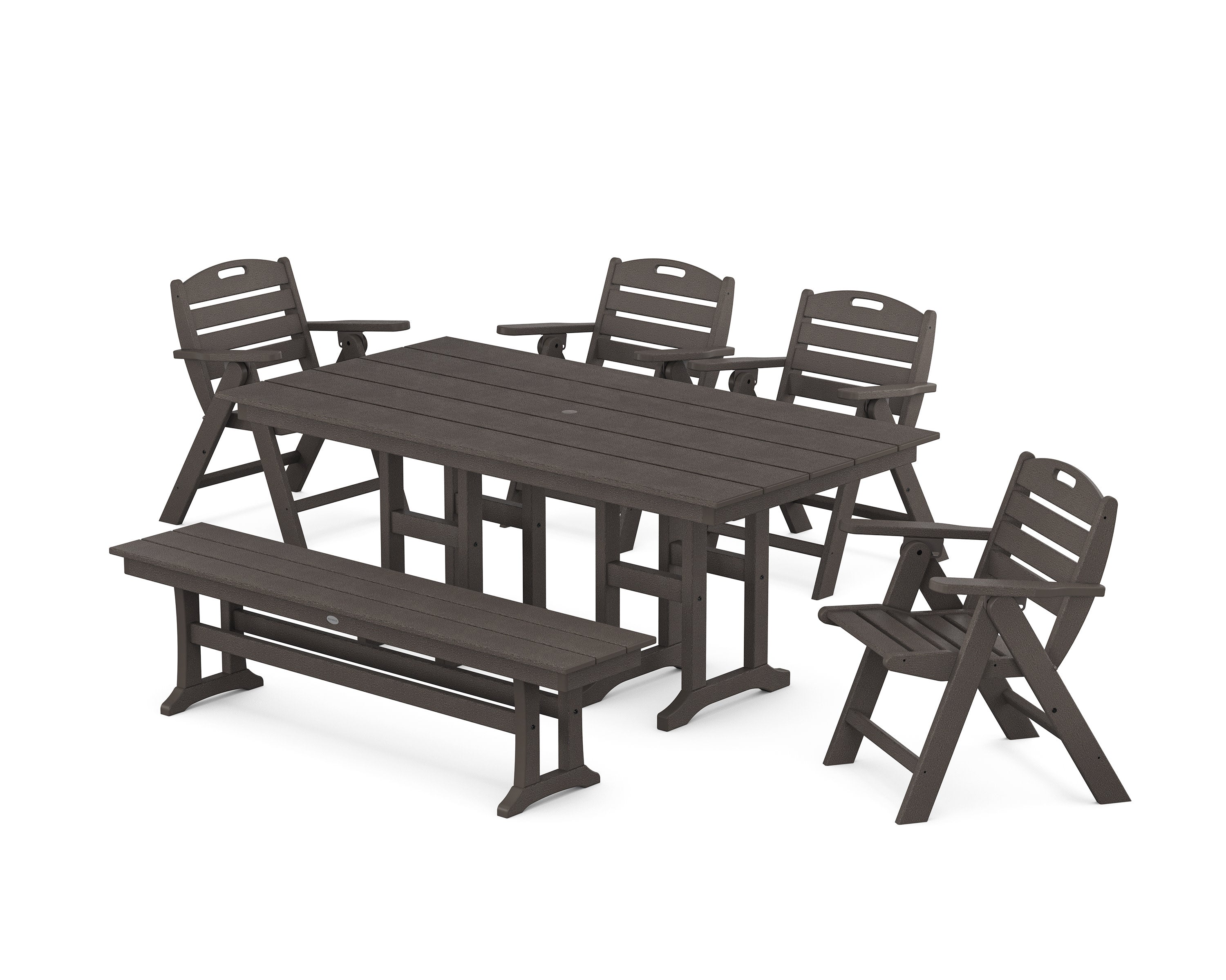 Nautical Lowback 6-Piece Farmhouse Dining Set with Bench in Vintage Coffee
