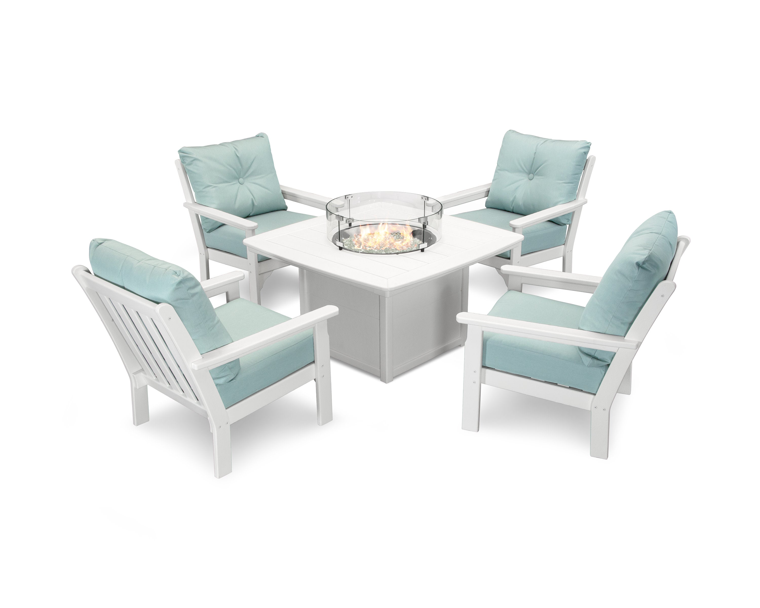 Vineyard 5-Piece Conversation Set with Fire Pit Table in White / Spa
