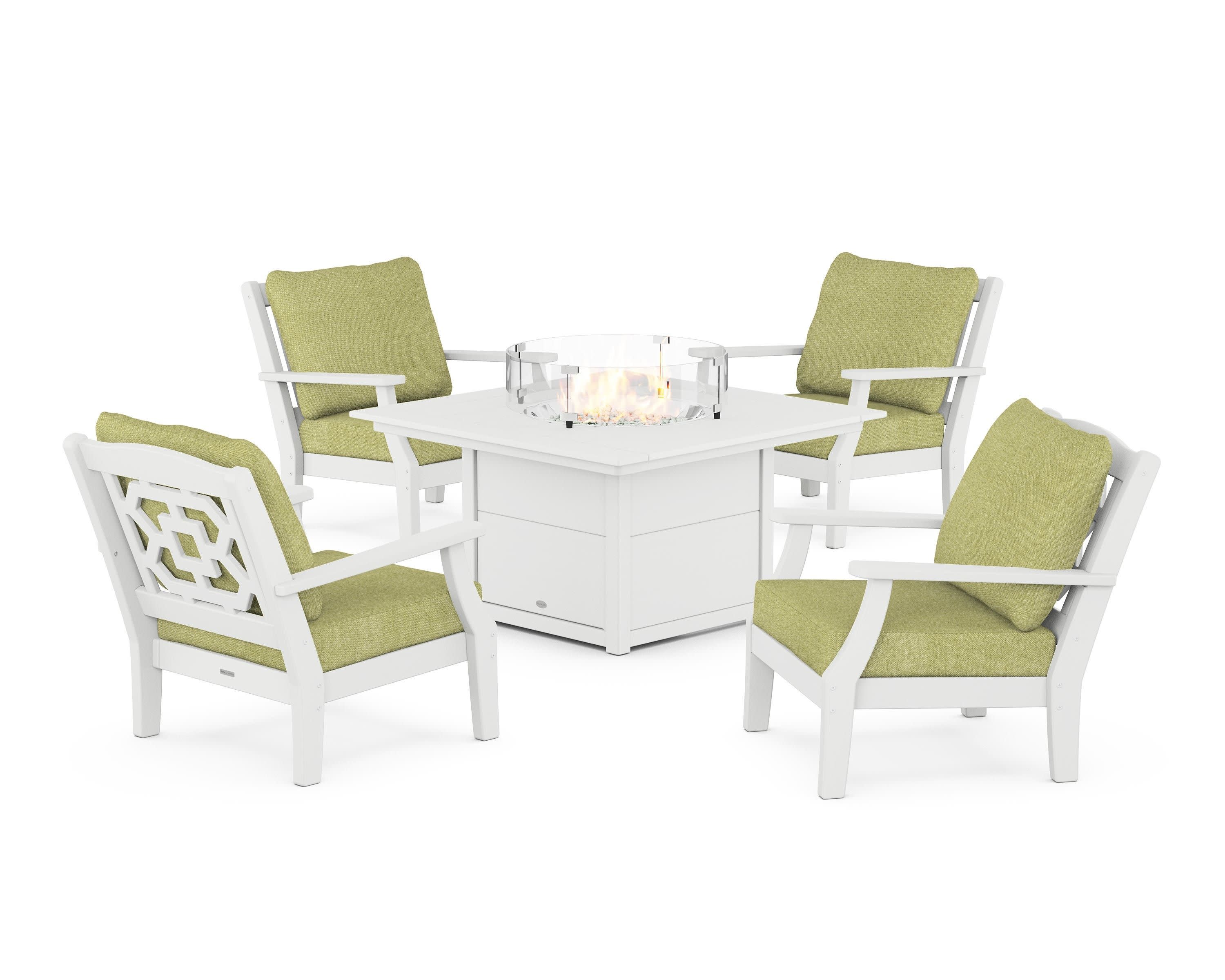 Chinoiserie 5-Piece Deep Seating Set with Fire Pit Table in White / Chartreuse Boucle