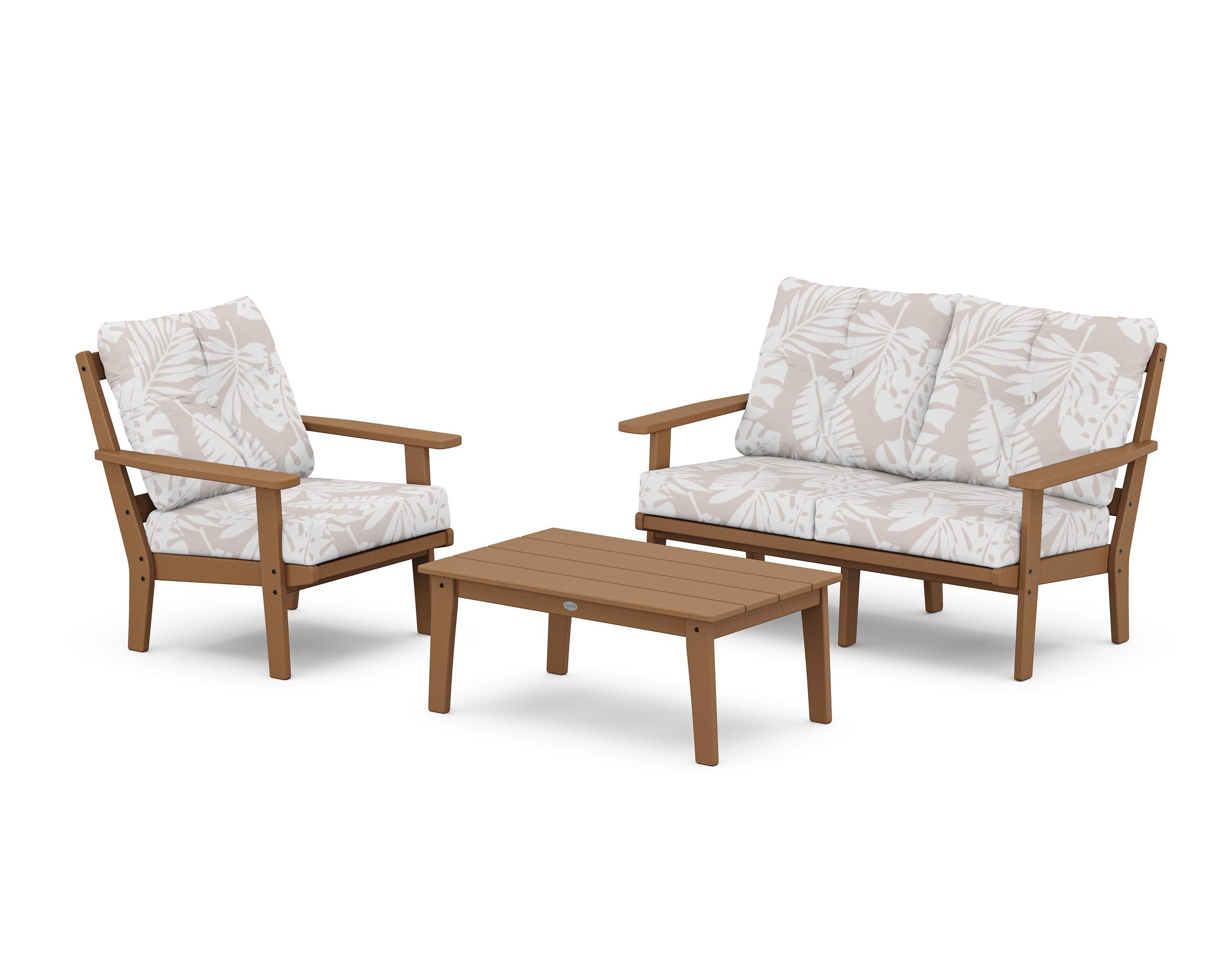 Oxford 3-Piece Deep Seating Set with Loveseat in Teak / Leaf Dune Burlap