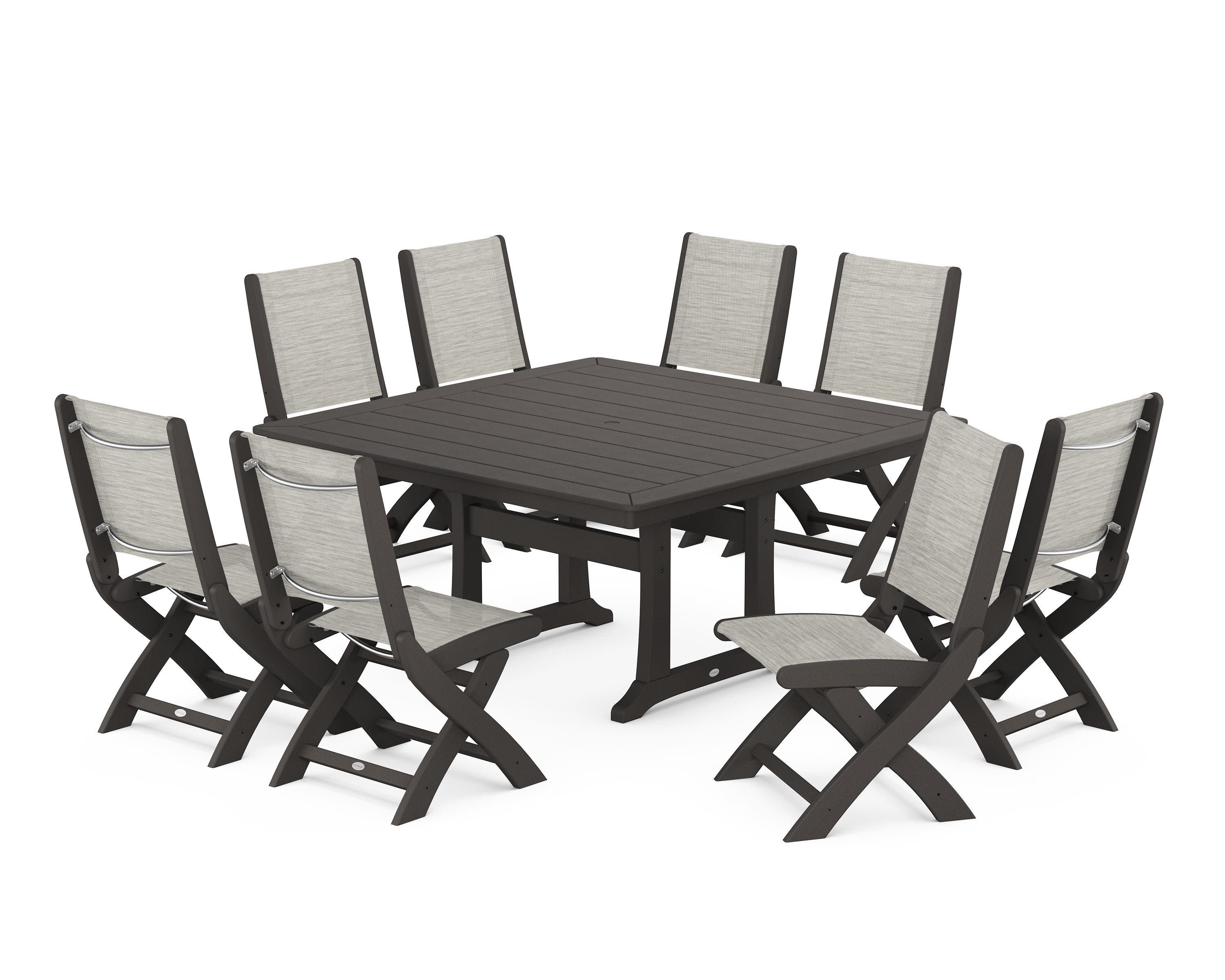 Coastal Folding Side Chair 9-Piece Dining Set with Trestle Legs in Vintage Coffee / Birch Sling