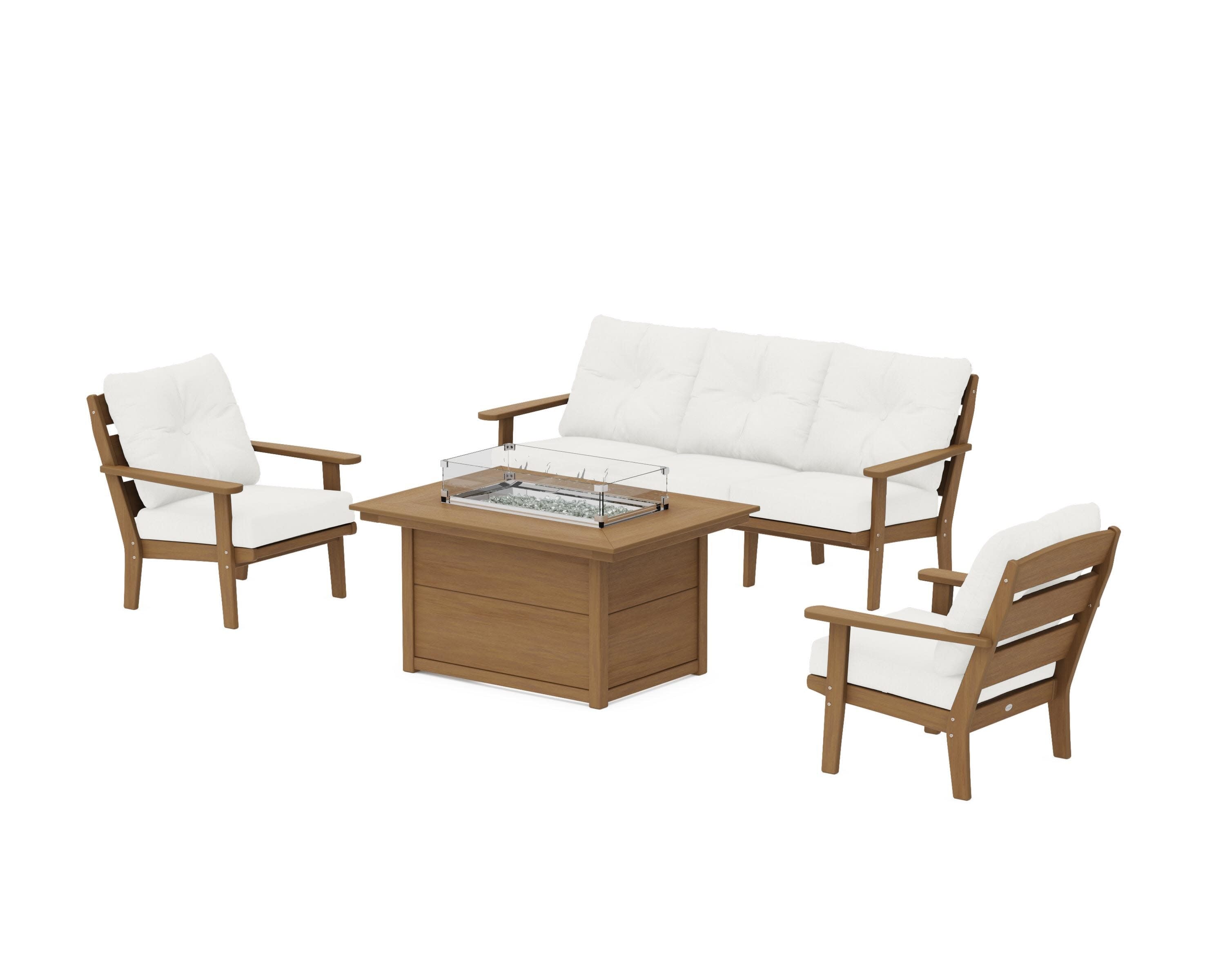 Lakeside Deep Seating Fire Pit Table Set in Natural / Natural Linen
