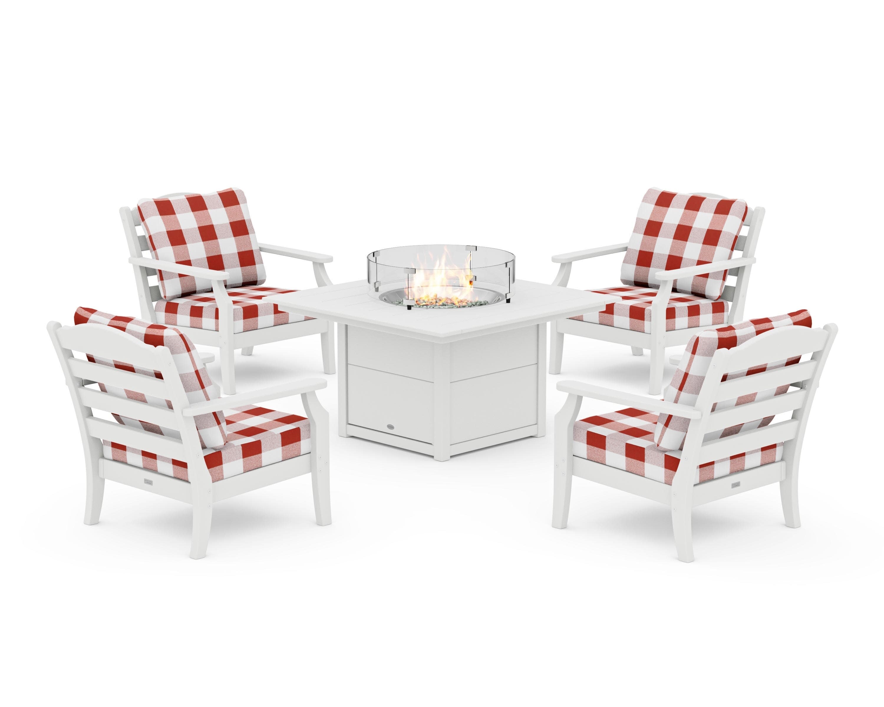 Savannah 5-Piece Deep Seating Set with Fire Pit Table in White / Buffalo Plaid Crimson