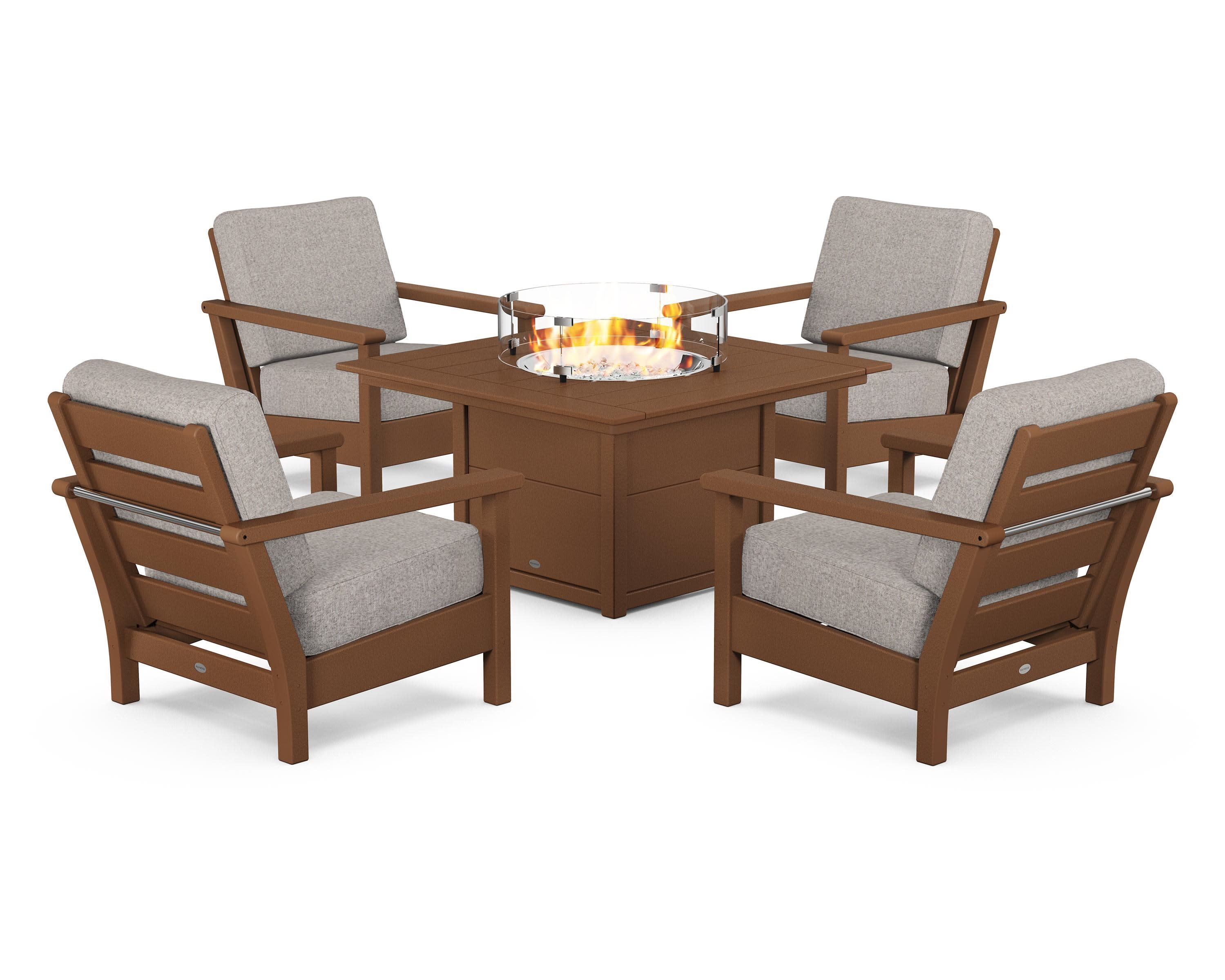 Harbour 5-Piece Conversation Set with Fire Pit Table in Teak / Weathered Tweed