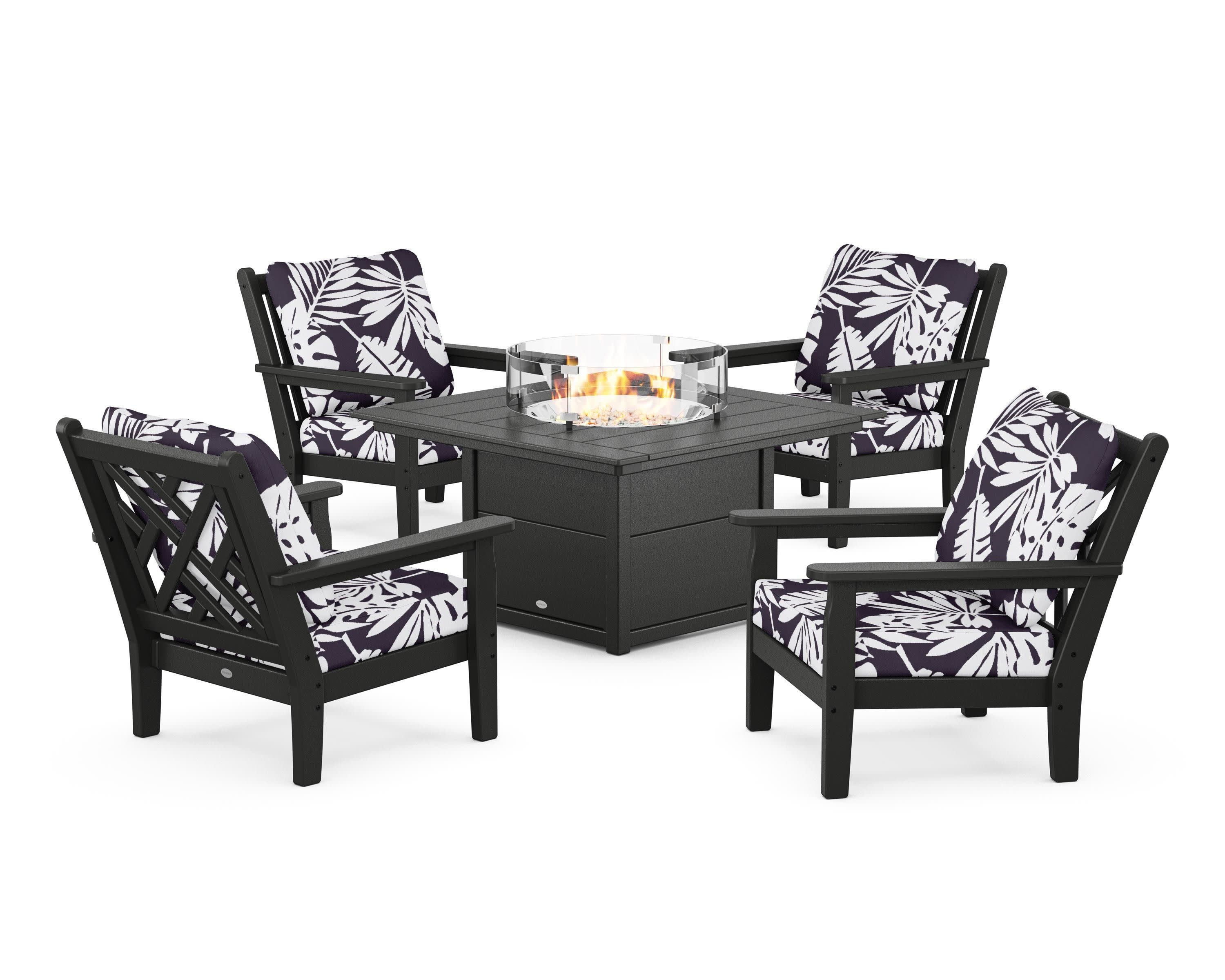 Chippendale 5-Piece Deep Seating Set with Fire Pit Table in Black / Leaf Navy