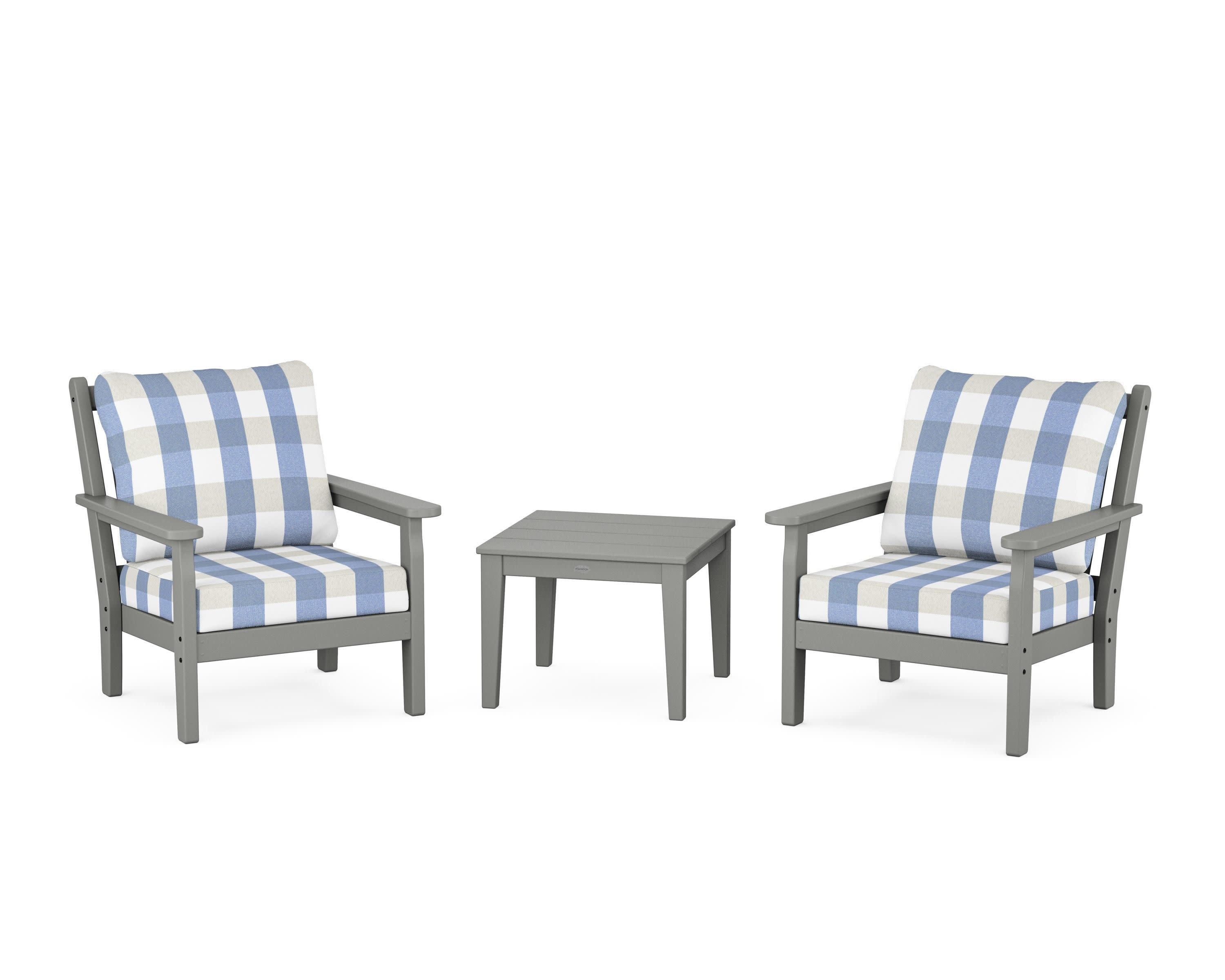 Chippendale 3-Piece Deep Seating Set in Slate Grey / Buffalo Plaid Sky Blue