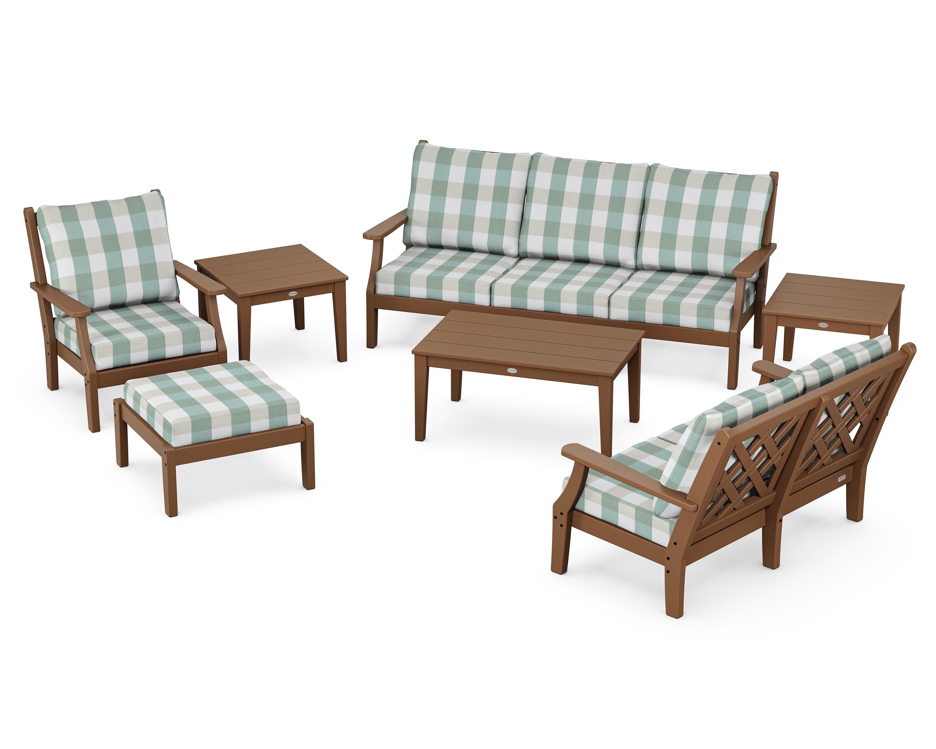 Wovendale 7-Piece Deep Seating Set in Teak / Buffalo Plaid Glacier Spa