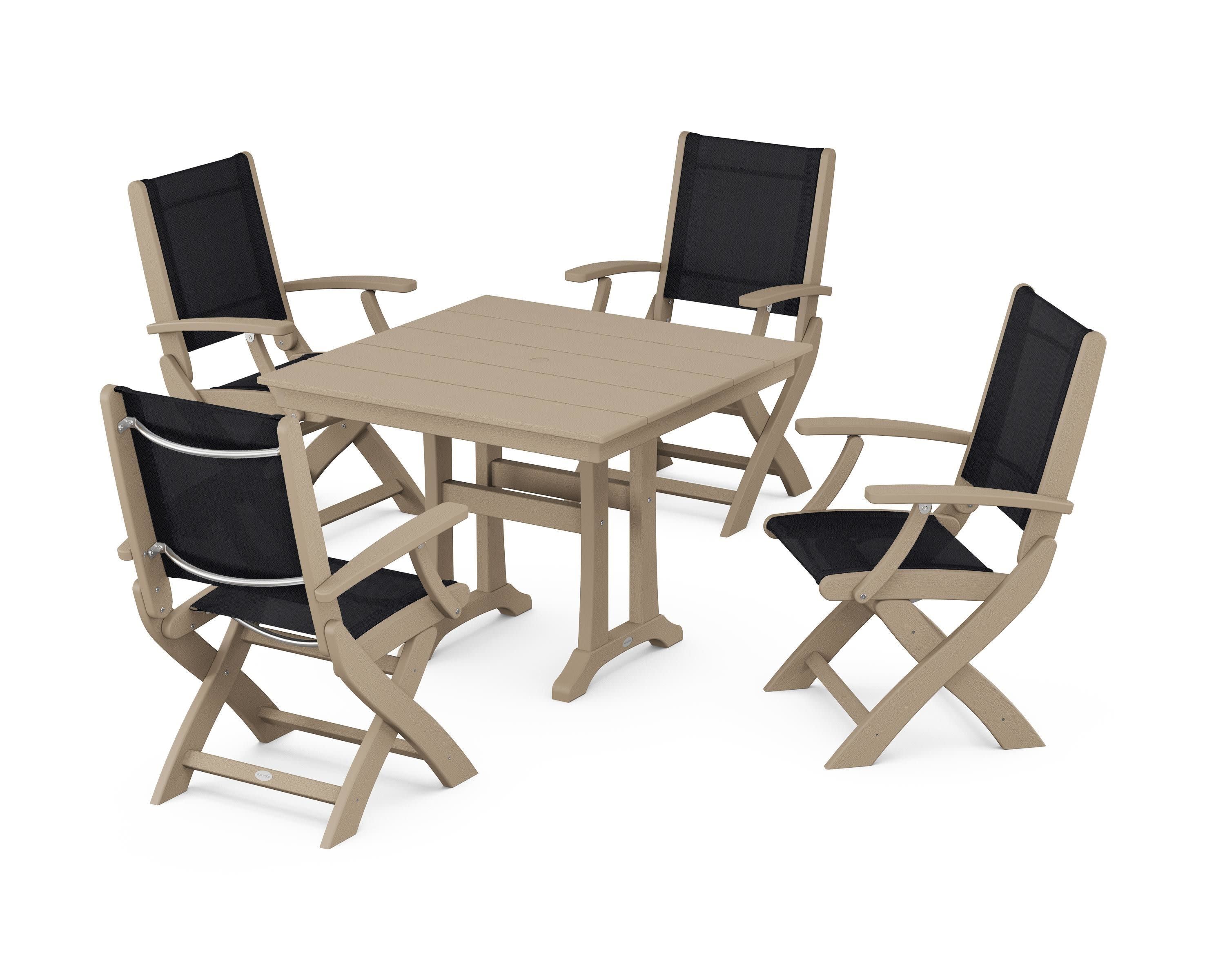 Coastal Folding Chair 5-Piece Farmhouse Dining Set With Trestle Legs in Vintage Sahara / Black Sling