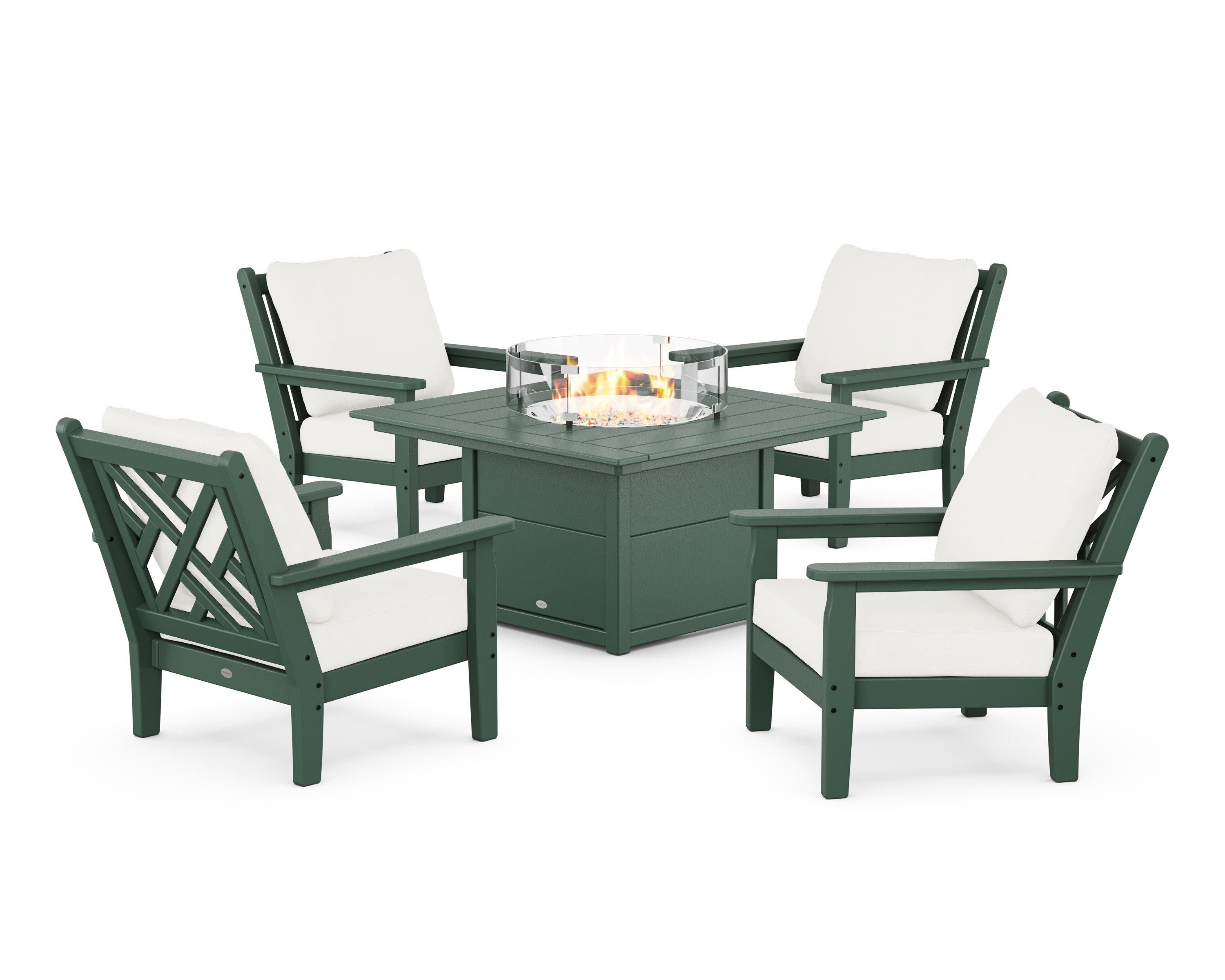 Chippendale 5-Piece Deep Seating Set with Fire Pit Table in Green / Natural Linen