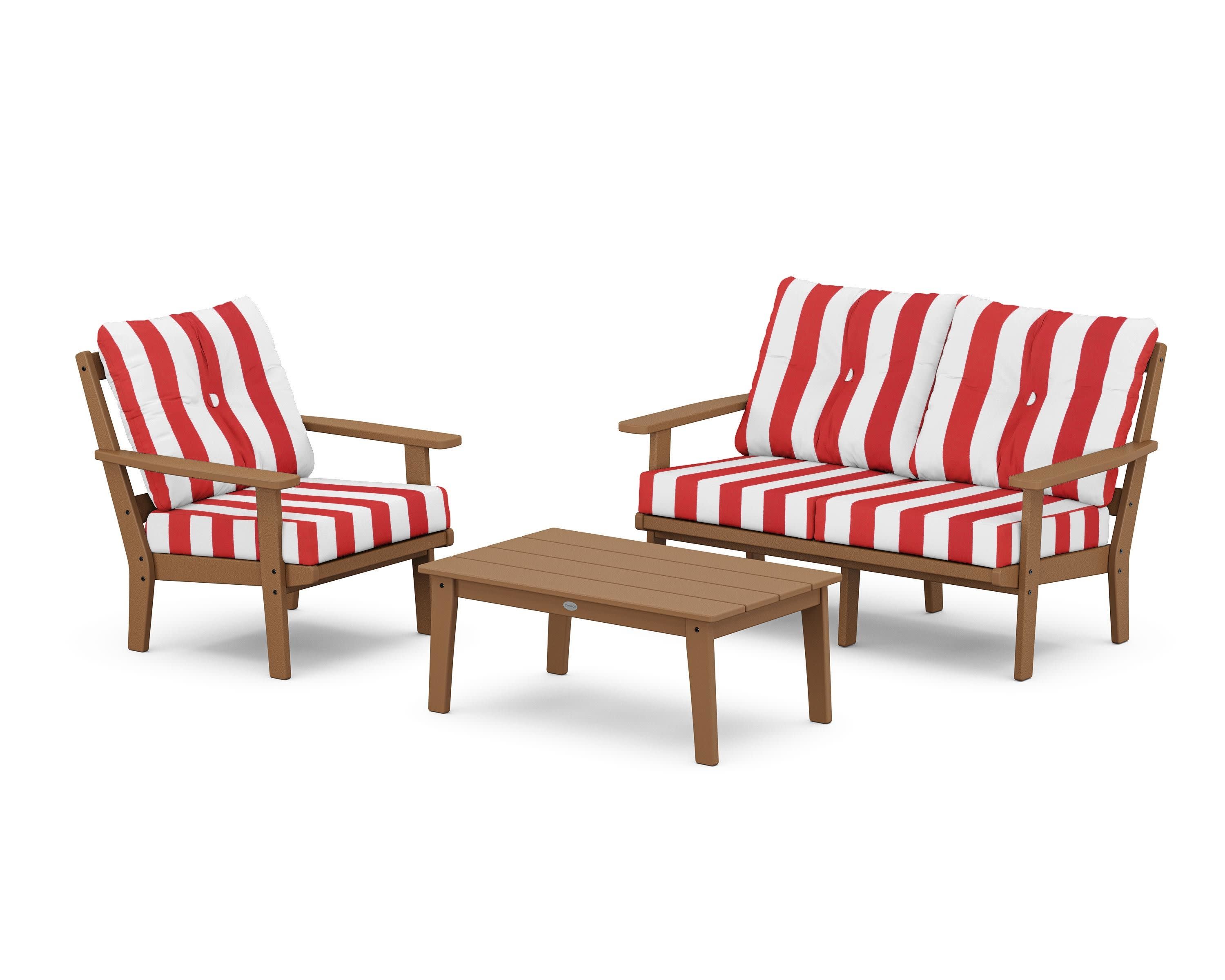 Oxford 3-Piece Deep Seating Set with Loveseat in Teak / Cabana Stripe Crimson