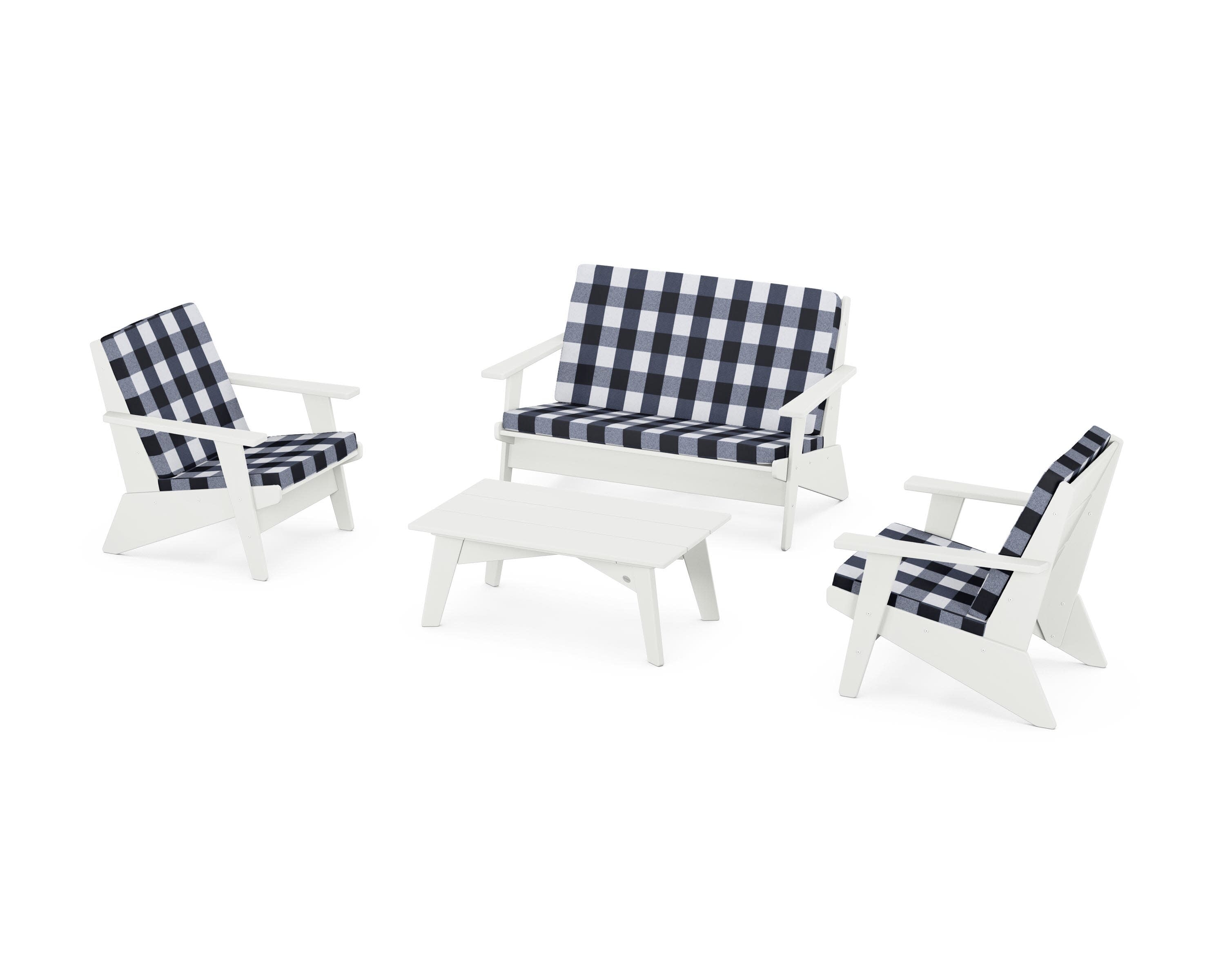 Riviera Modern Lounge 4-Piece Set in Vintage White / Buffalo Plaid Marine Indigo