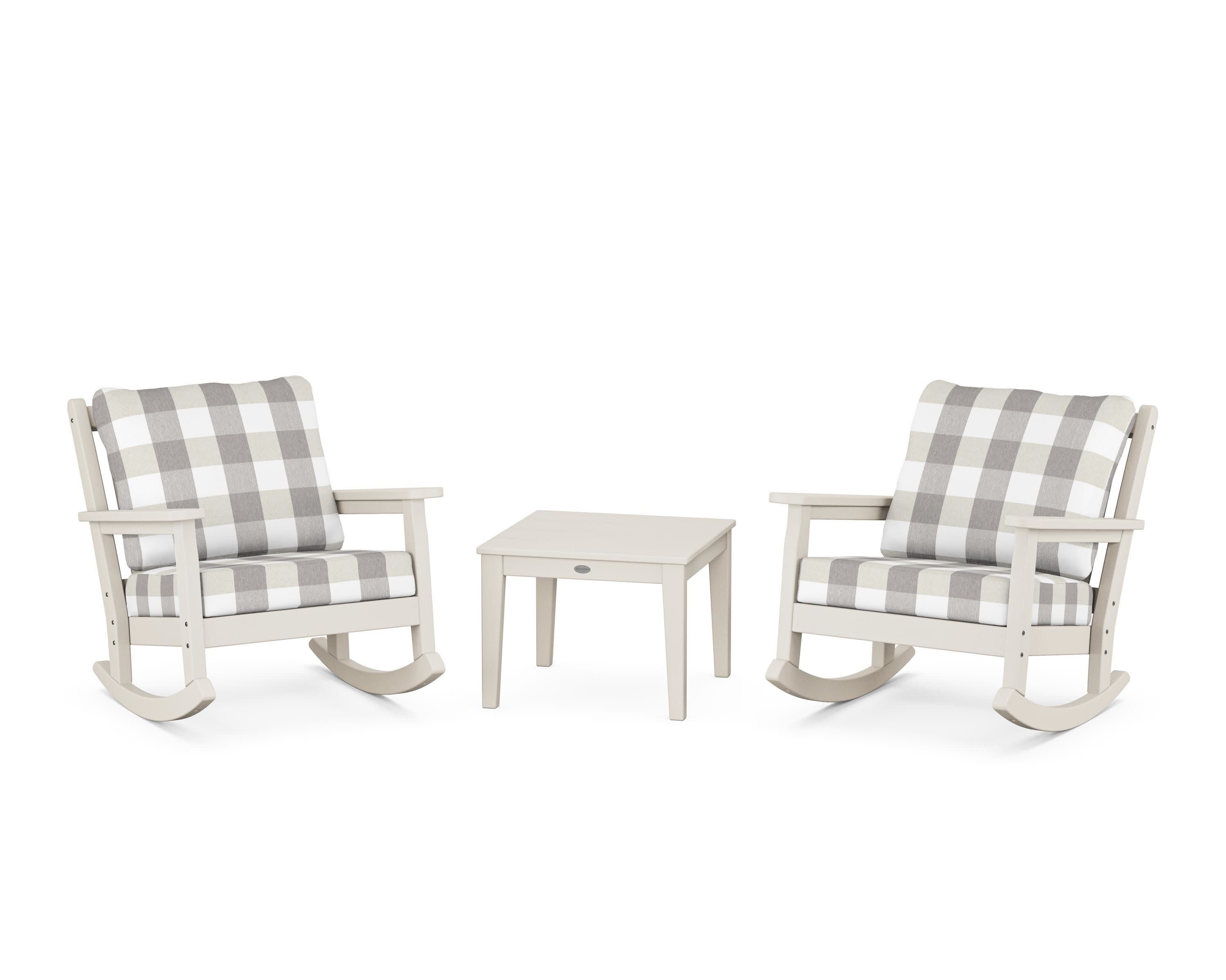 Chippendale 3-Piece Deep Seating Rocker Set in Sand / Buffalo Plaid Grey Mist