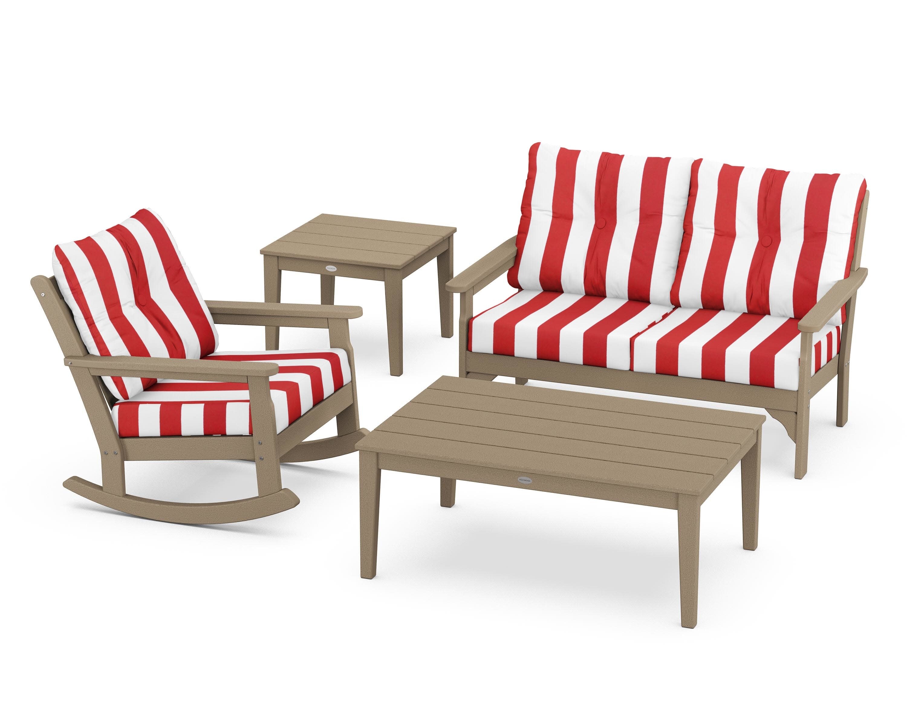 Vineyard 4-Piece Deep Seating Rocker Set in Vintage Sahara / Cabana Stripe Crimson