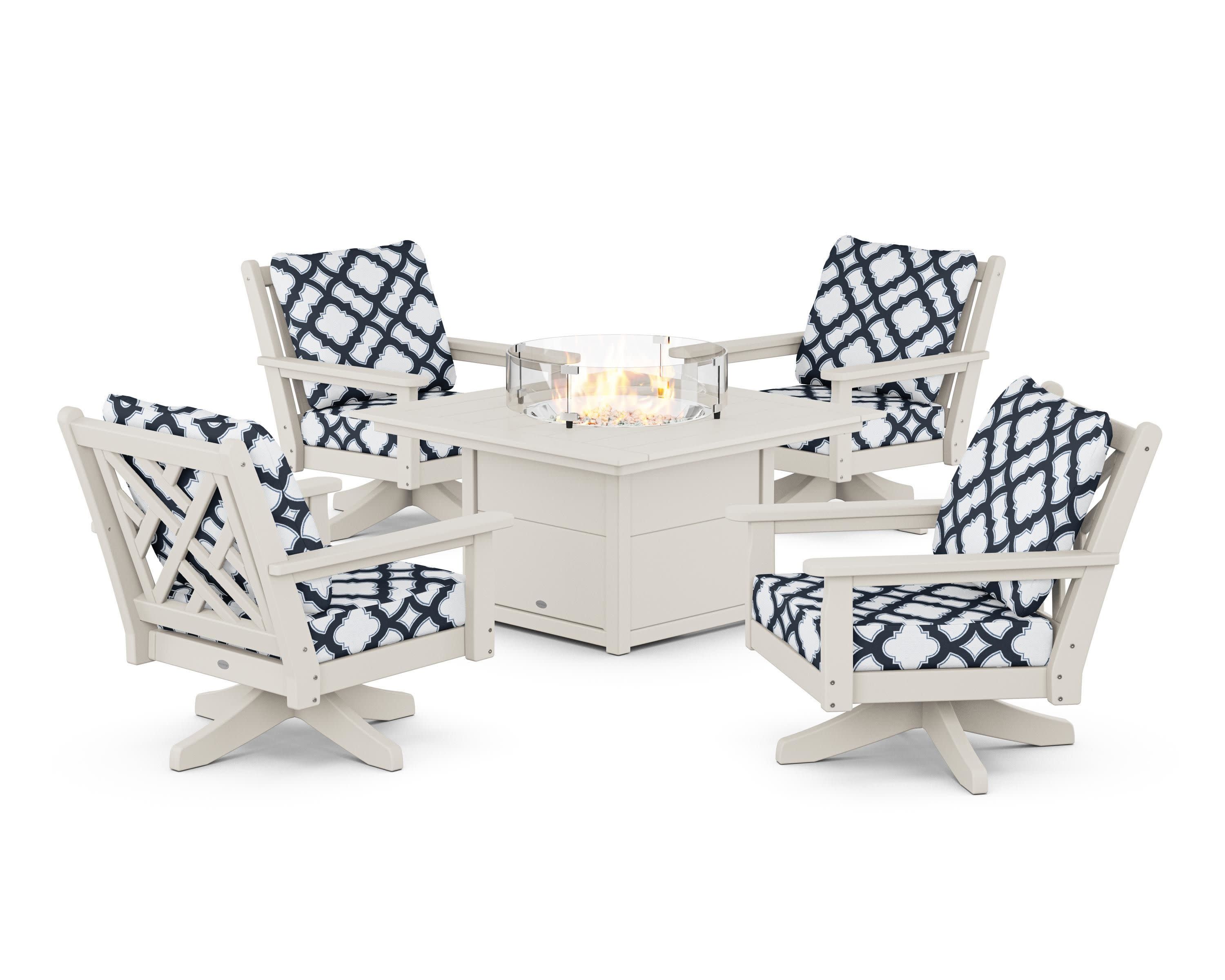Chippendale 5-Piece Deep Seating Swivel Conversation Set with Fire Pit Table in Sand / Trellis Marine Indigo