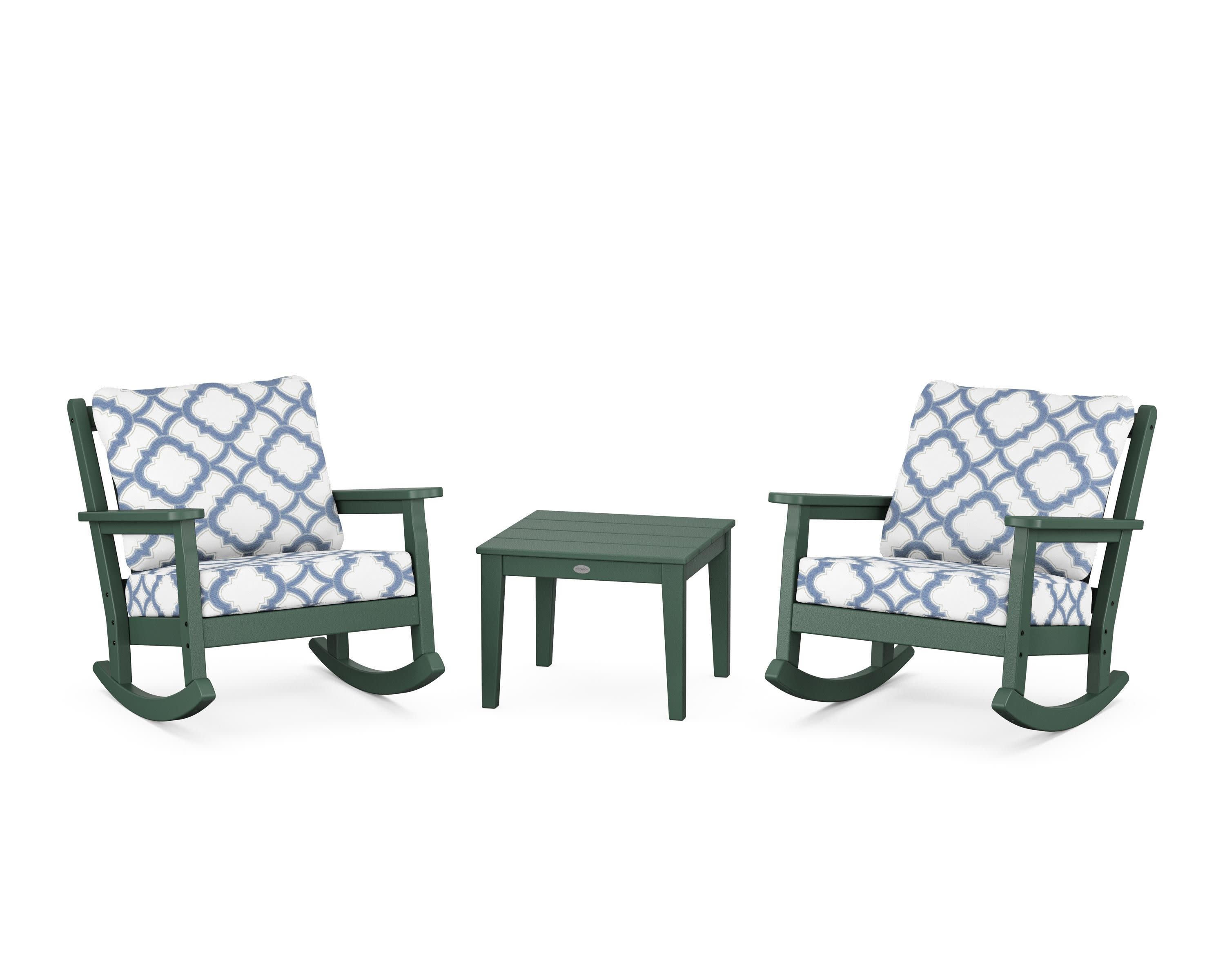 Chippendale 3-Piece Deep Seating Rocker Set in Green / Trellis Sky Blue