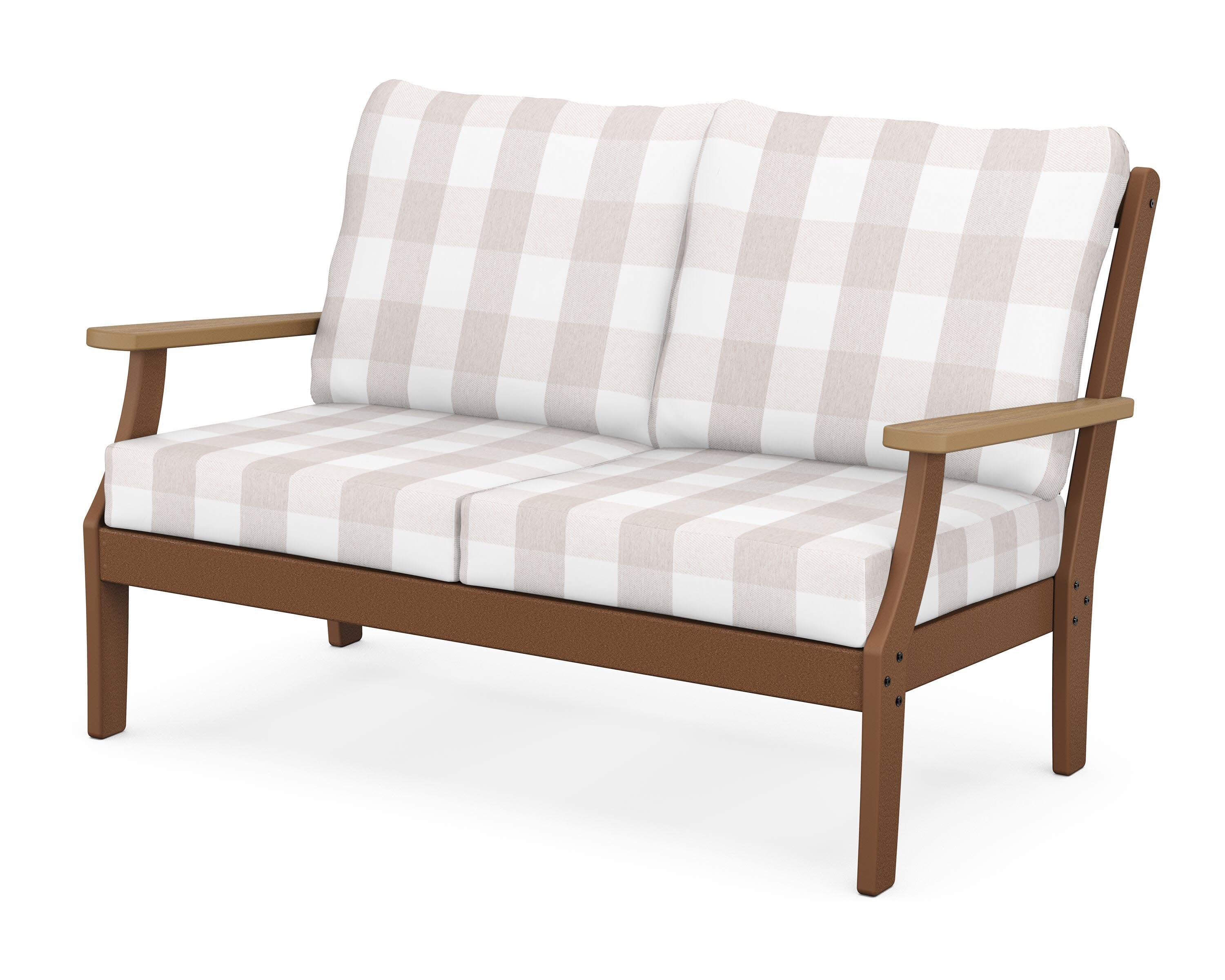 Braxton Deep Seating Loveseat in Teak / Natural / Buffalo Plaid Dune Burlap