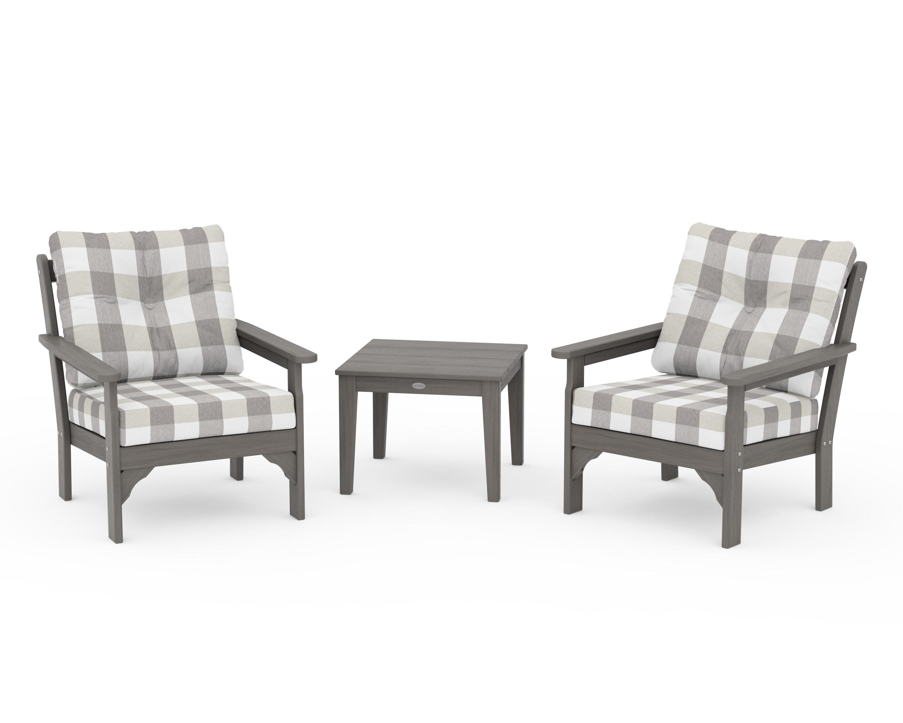 Vineyard 3-Piece Deep Seating Set in Driftwood / Buffalo Plaid Grey Mist