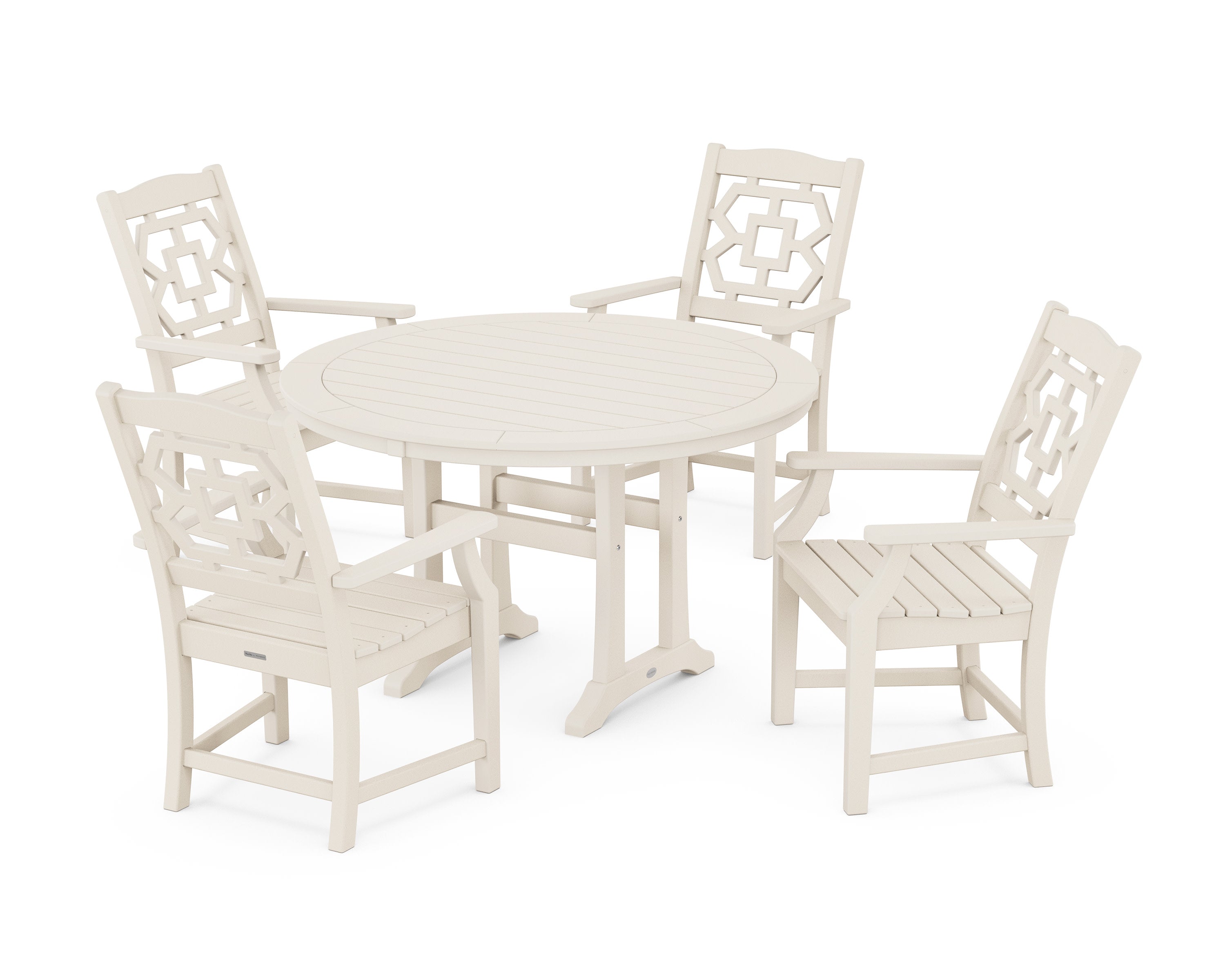 Chinoiserie 5-Piece Round Dining Set with Trestle Legs in Sand