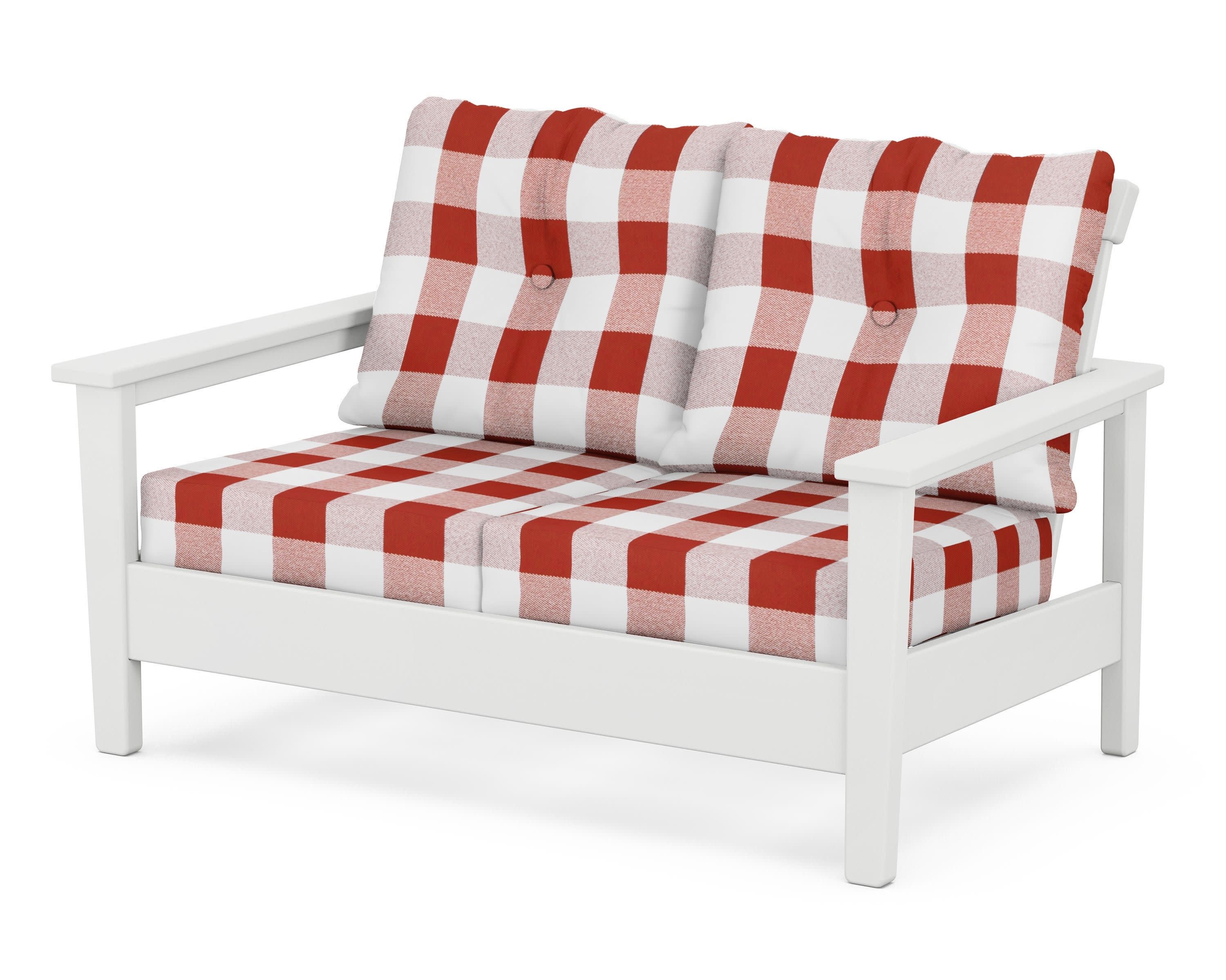 Prescott Deep Seating Loveseat in White / Buffalo Plaid Crimson