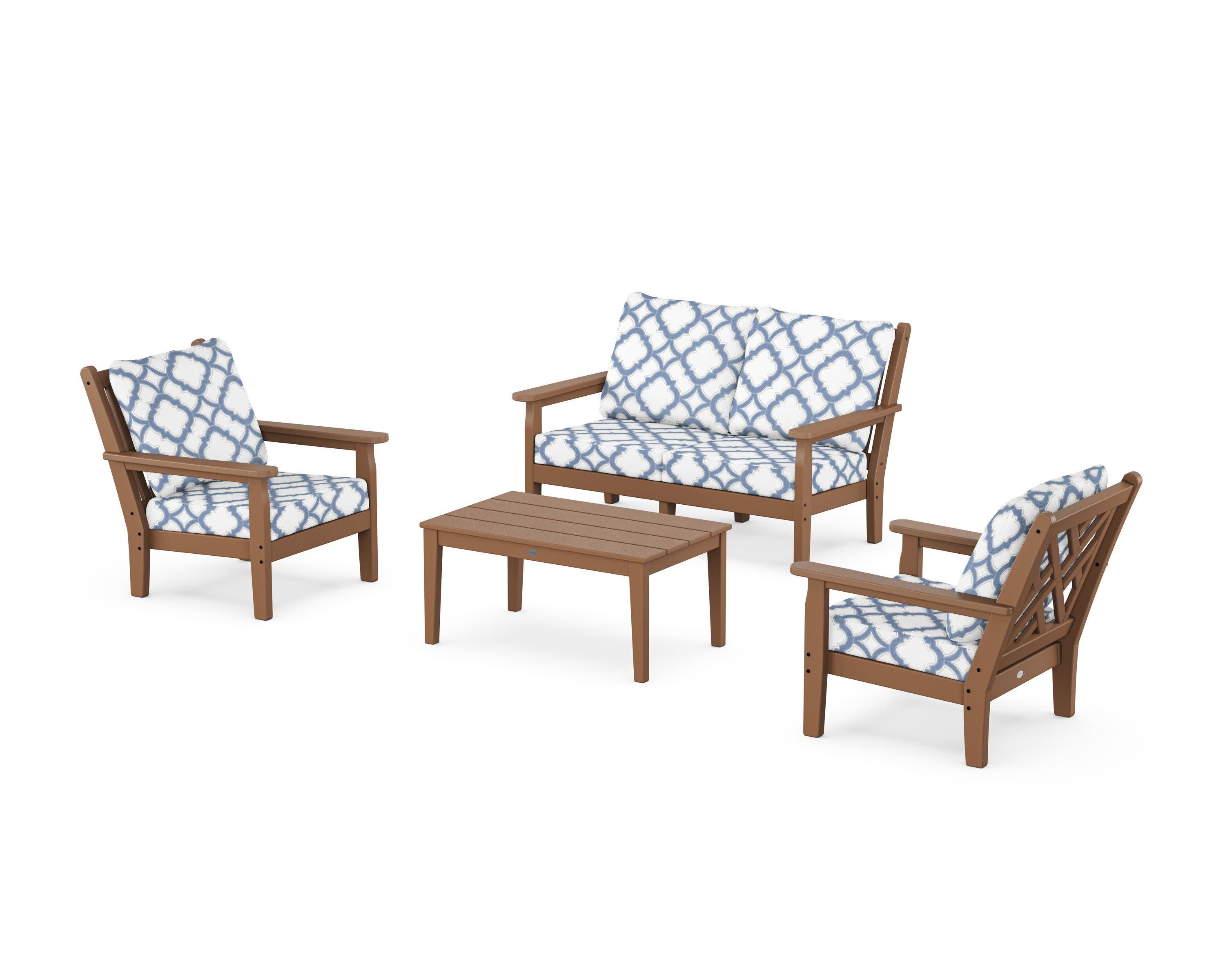Chippendale 4-Piece Deep Seating Set with Loveseat in Teak / Trellis Sky Blue