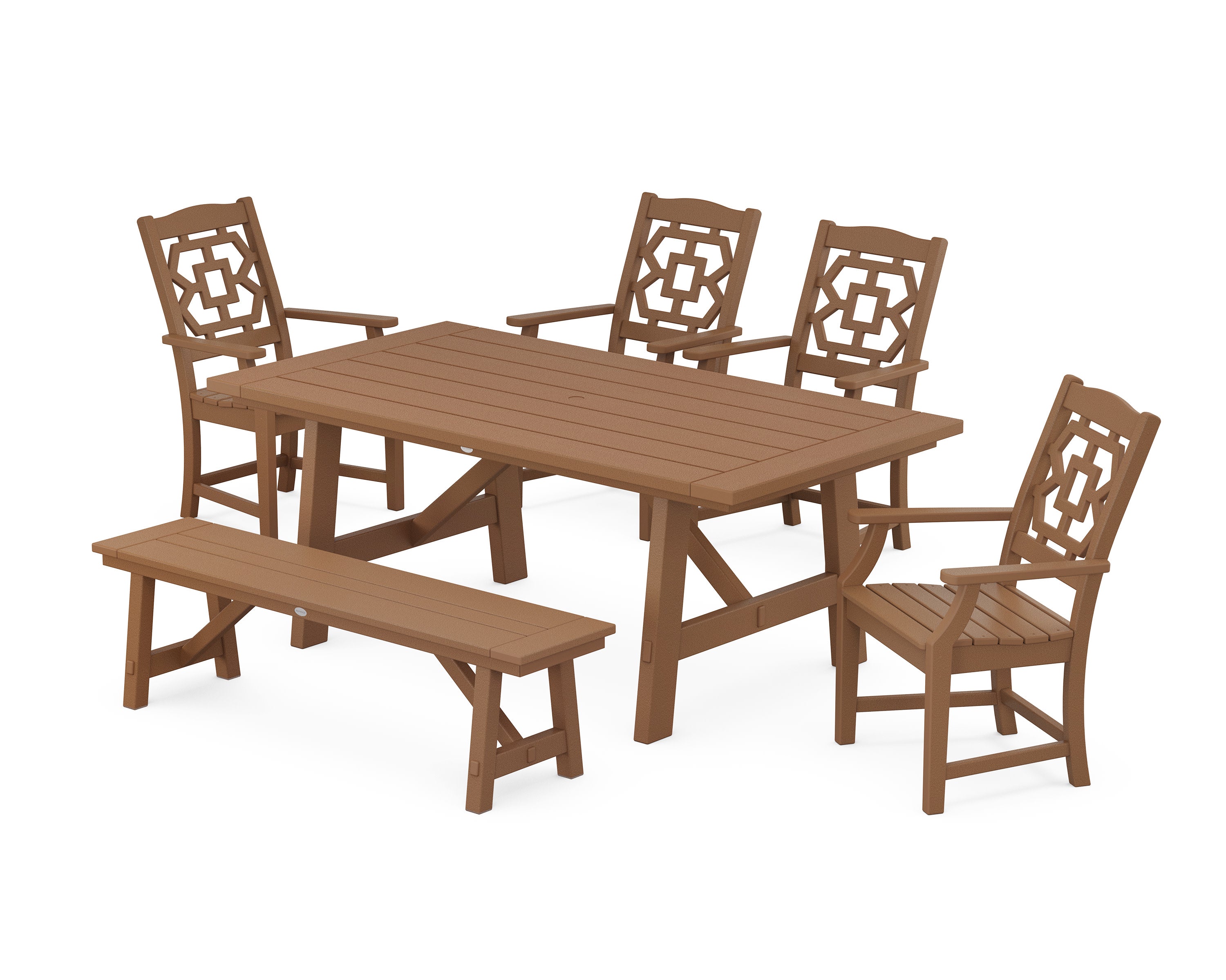 Chinoiserie 6-Piece Rustic Farmhouse Dining Set with Bench in Teak