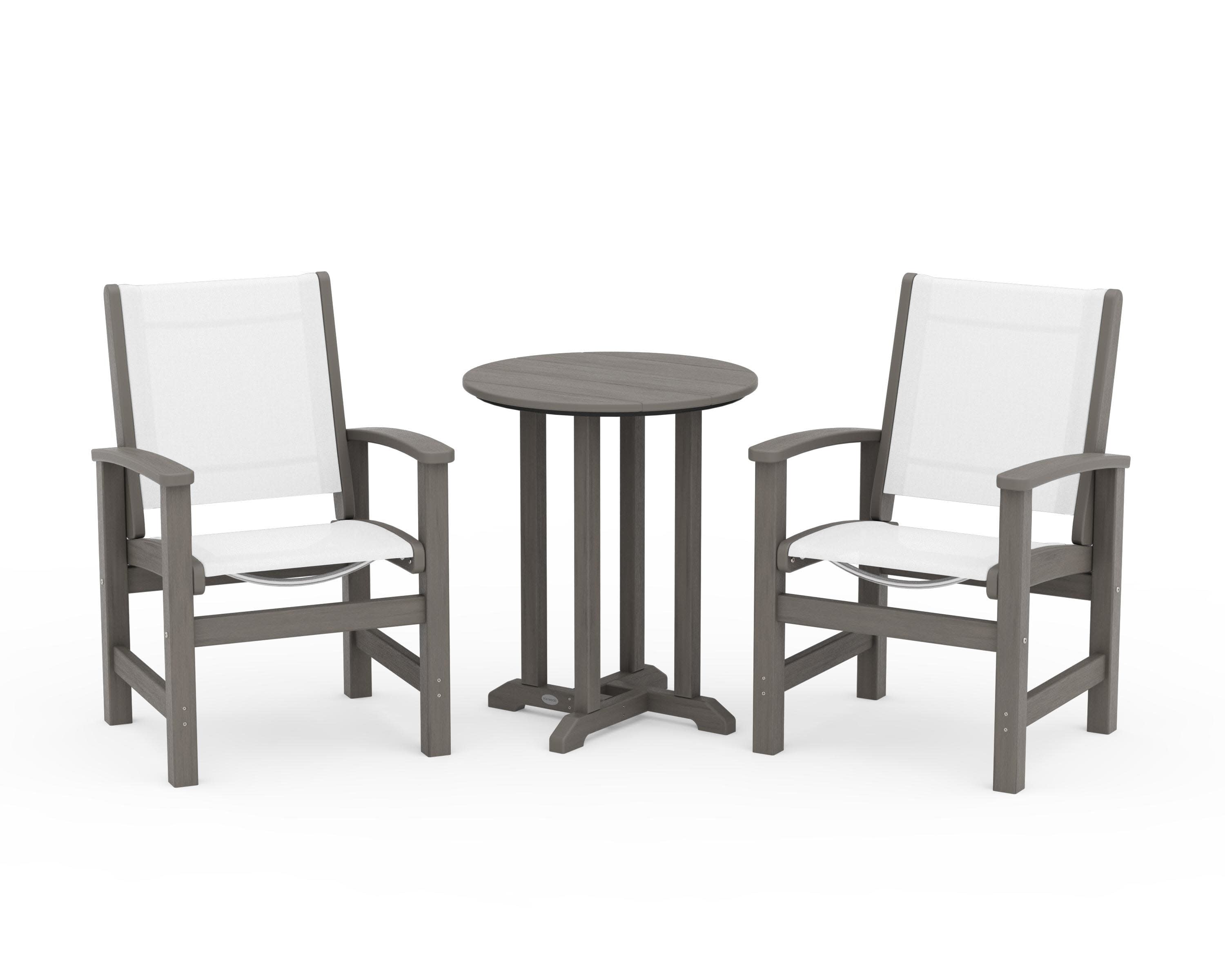 Coastal 3-Piece Round Bistro Dining Set in Driftwood / White Sling