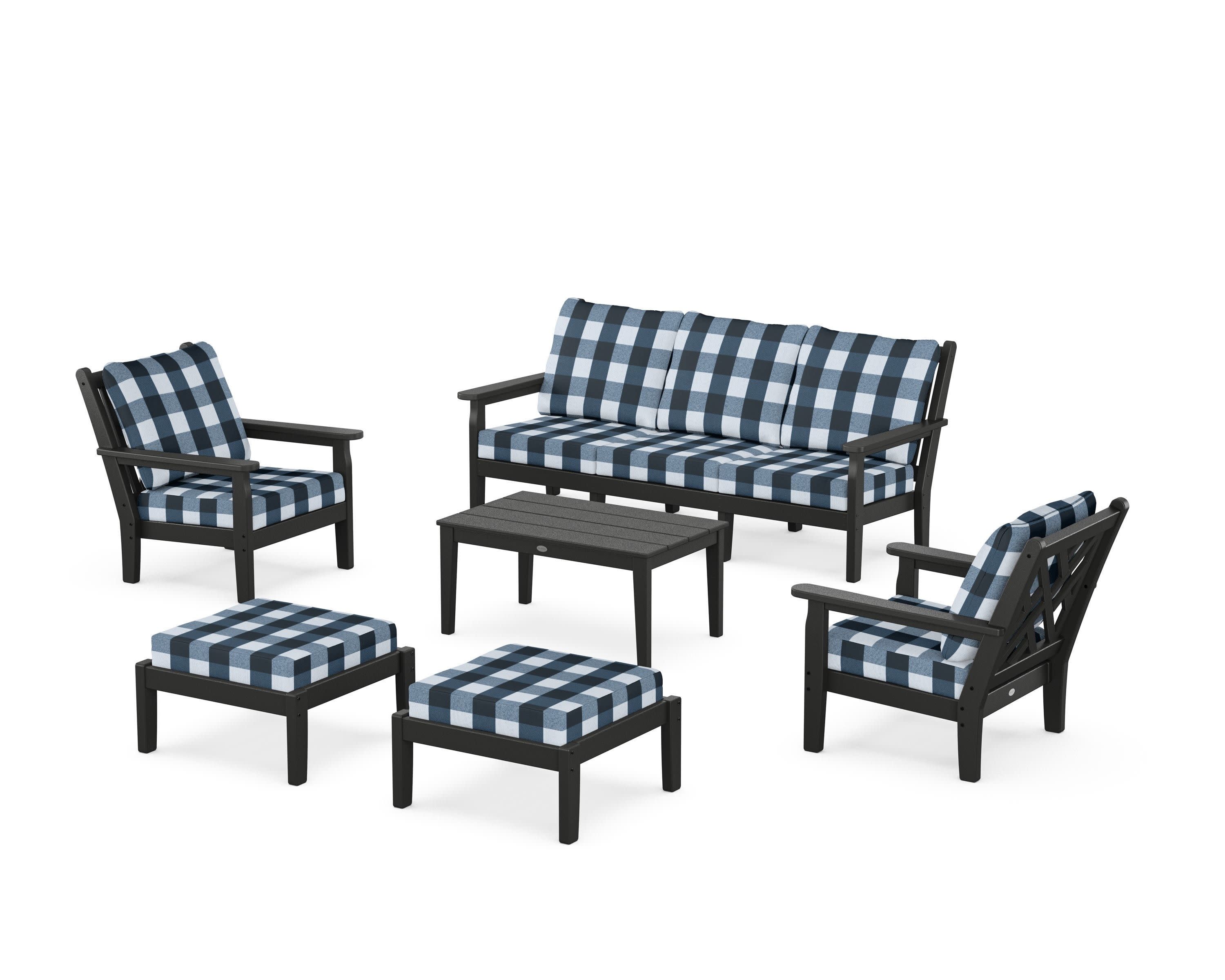 Chippendale 6-Piece Lounge Sofa Set in Black / Buffalo Plaid Marine Indigo