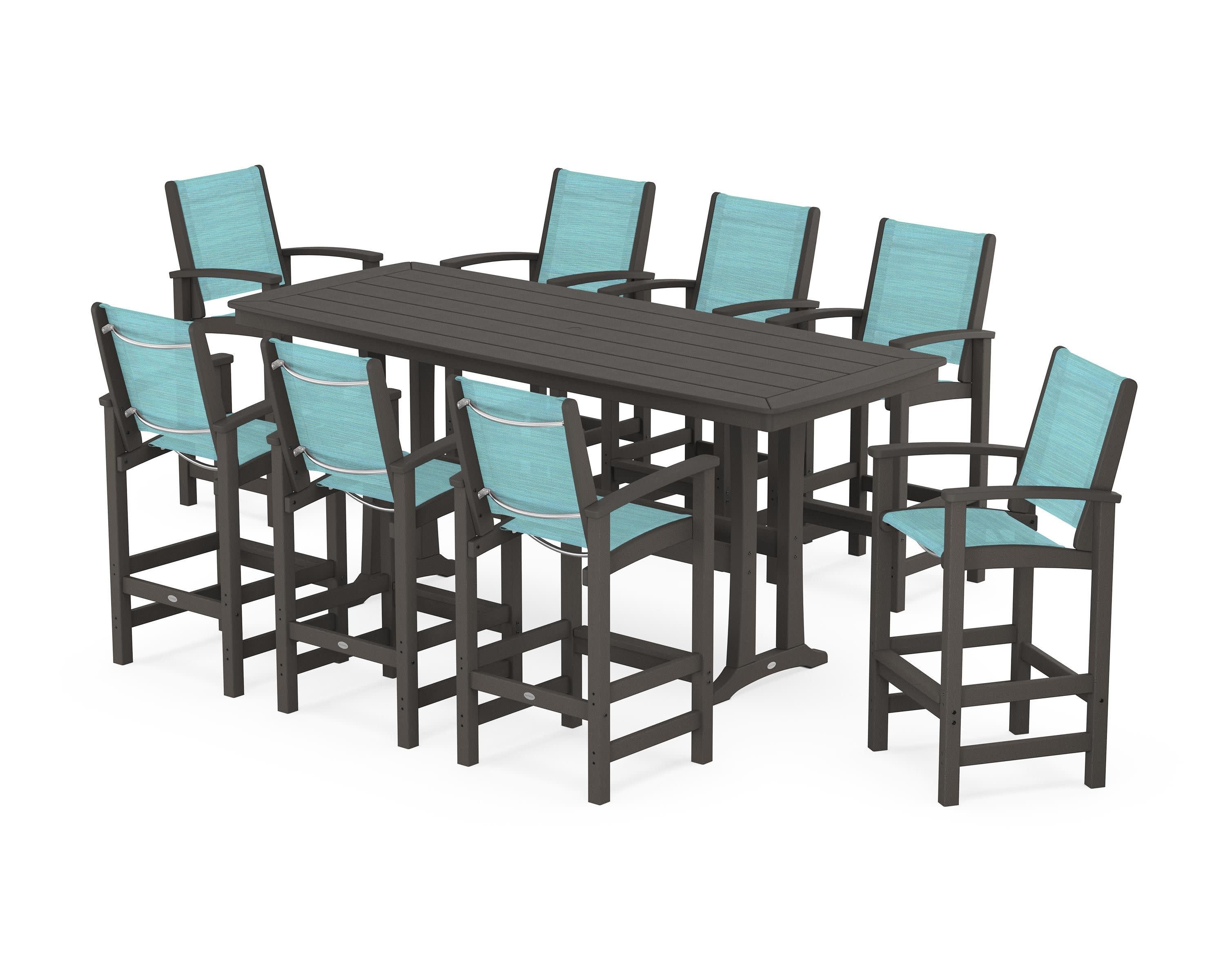 Coastal 9-Piece Bar Set with Trestle Legs in Vintage Coffee / Dupioni Aquamarine Sling