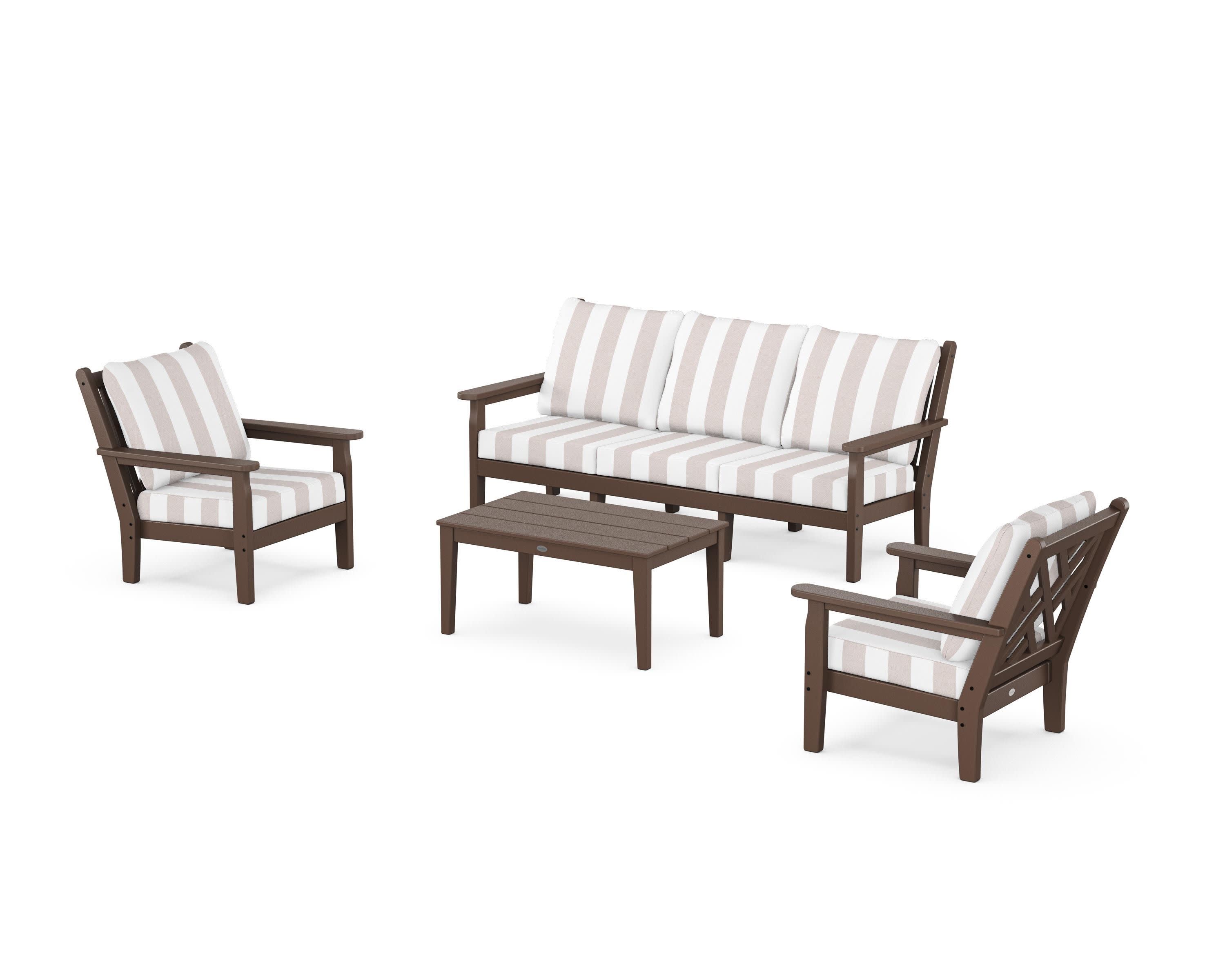 Chippendale 4-Piece Deep Seating Set with Sofa in Mahogany / Cabana Stripe Dune Burlap