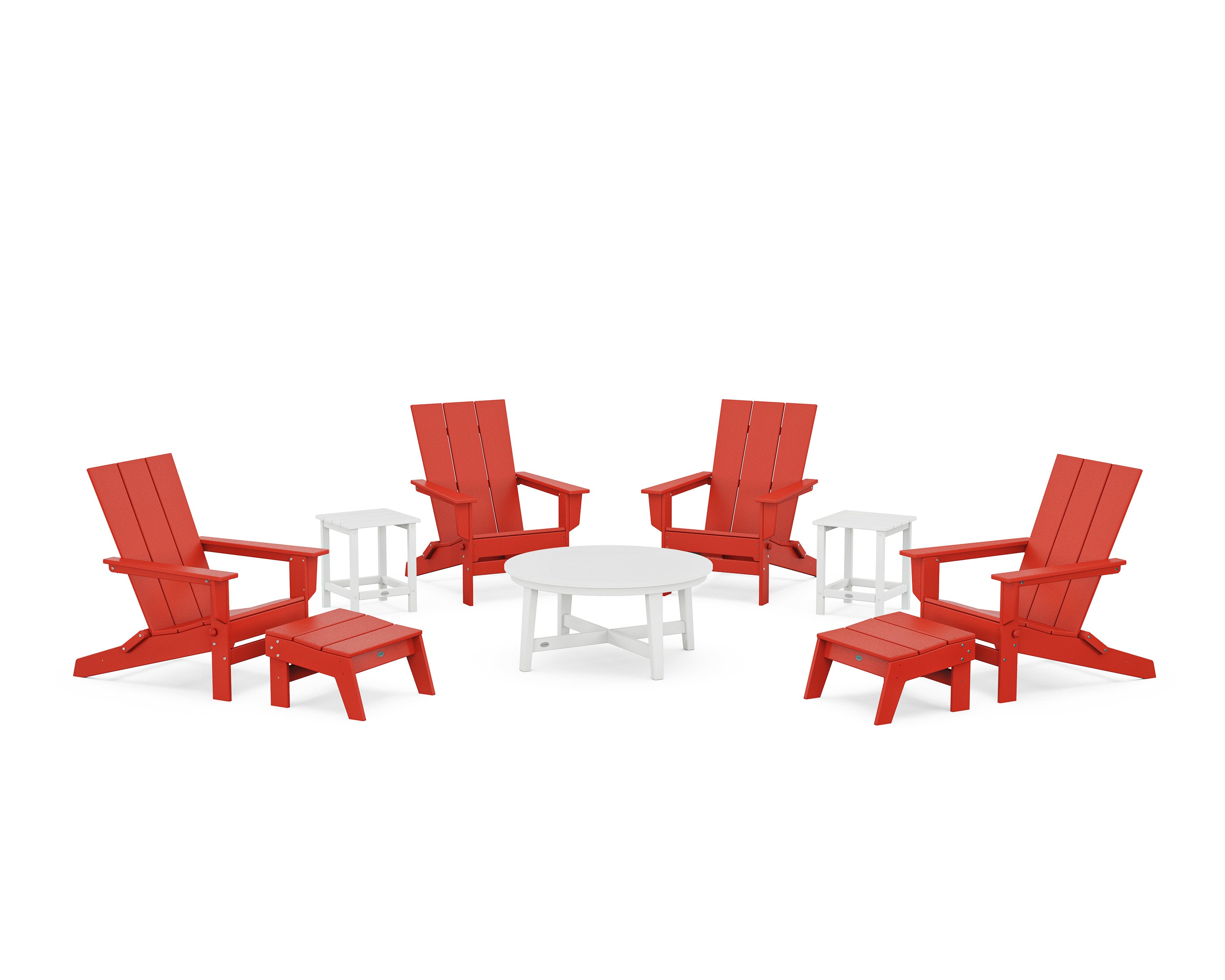 Modern Studio Folding Adirondack 9-Piece Conversation Set in Sunset Red / White