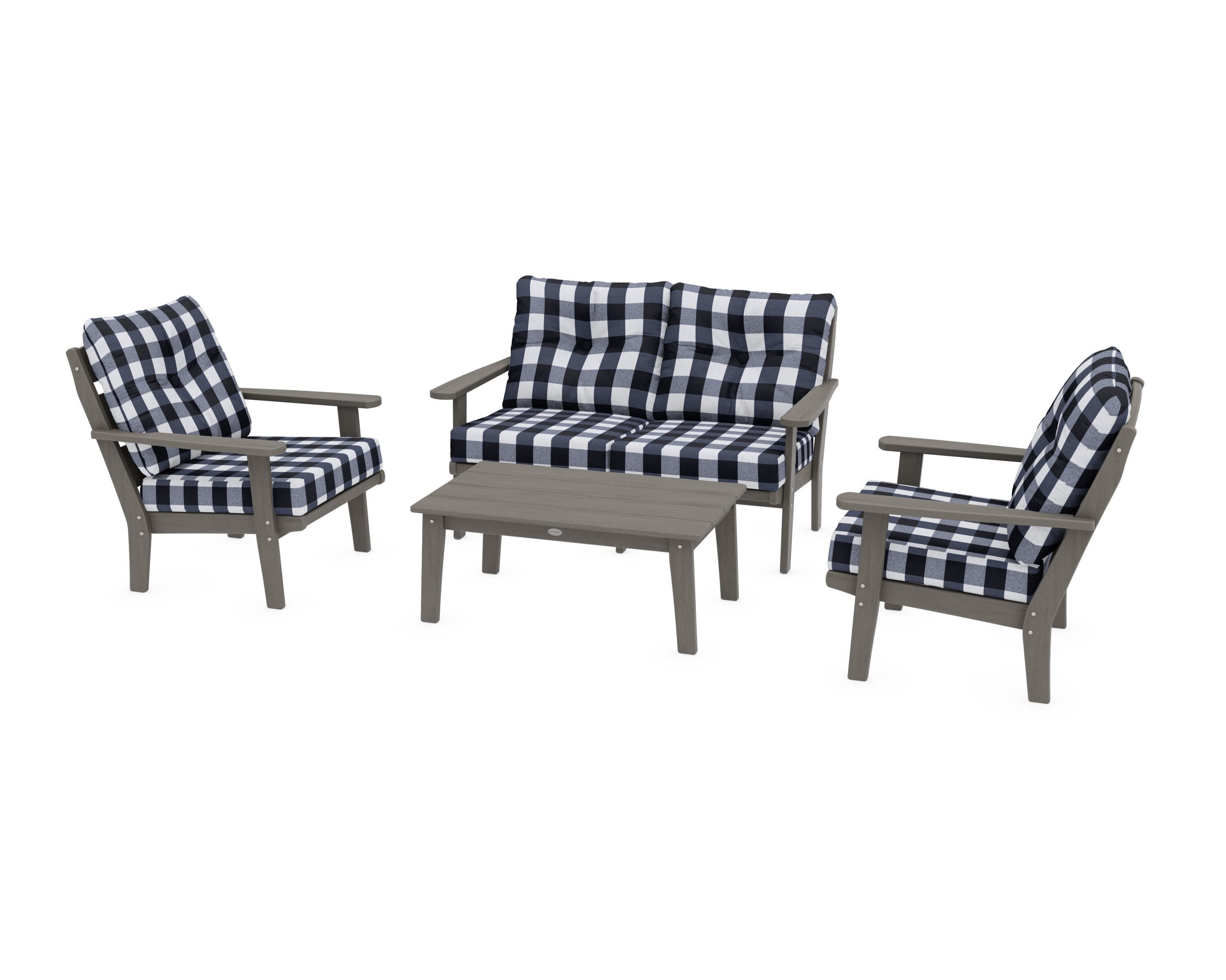 Lakeside 4-Piece Deep Seating Set in Driftwood / Buffalo Plaid Marine Indigo