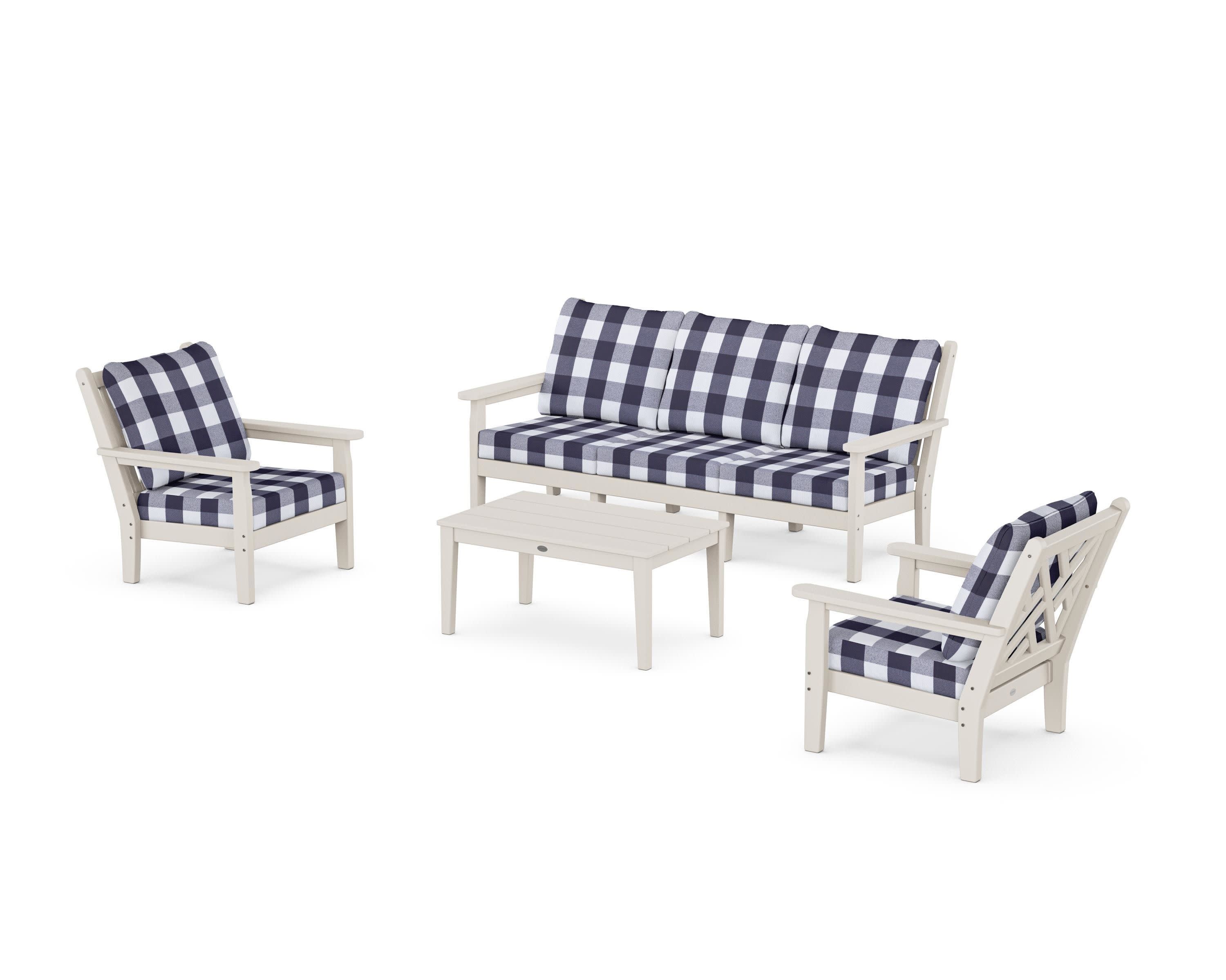 Chippendale 4-Piece Deep Seating Set with Sofa in Sand / Buffalo Plaid Navy