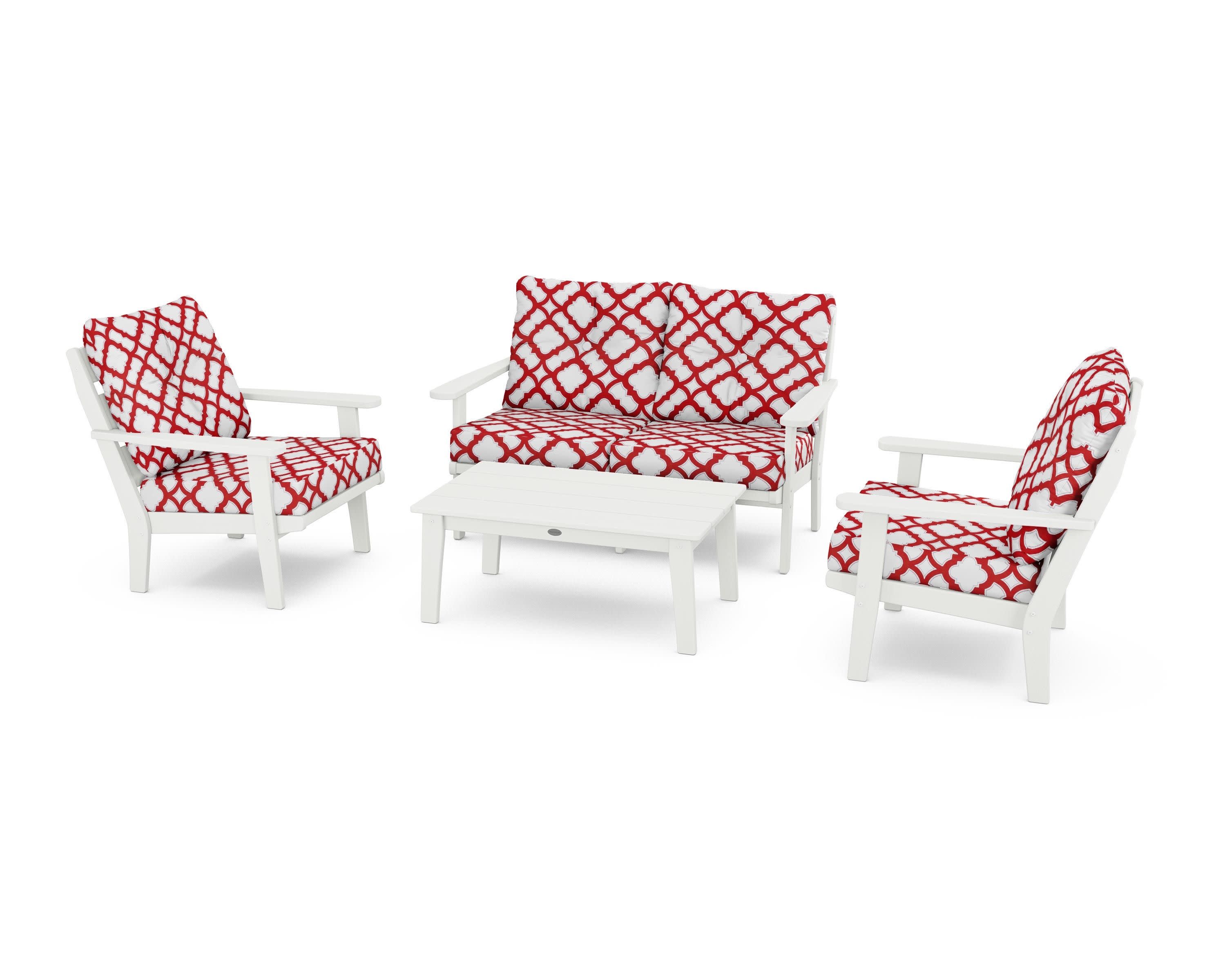 Lakeside 4-Piece Deep Seating Set in Vintage White / Trellis Crimson