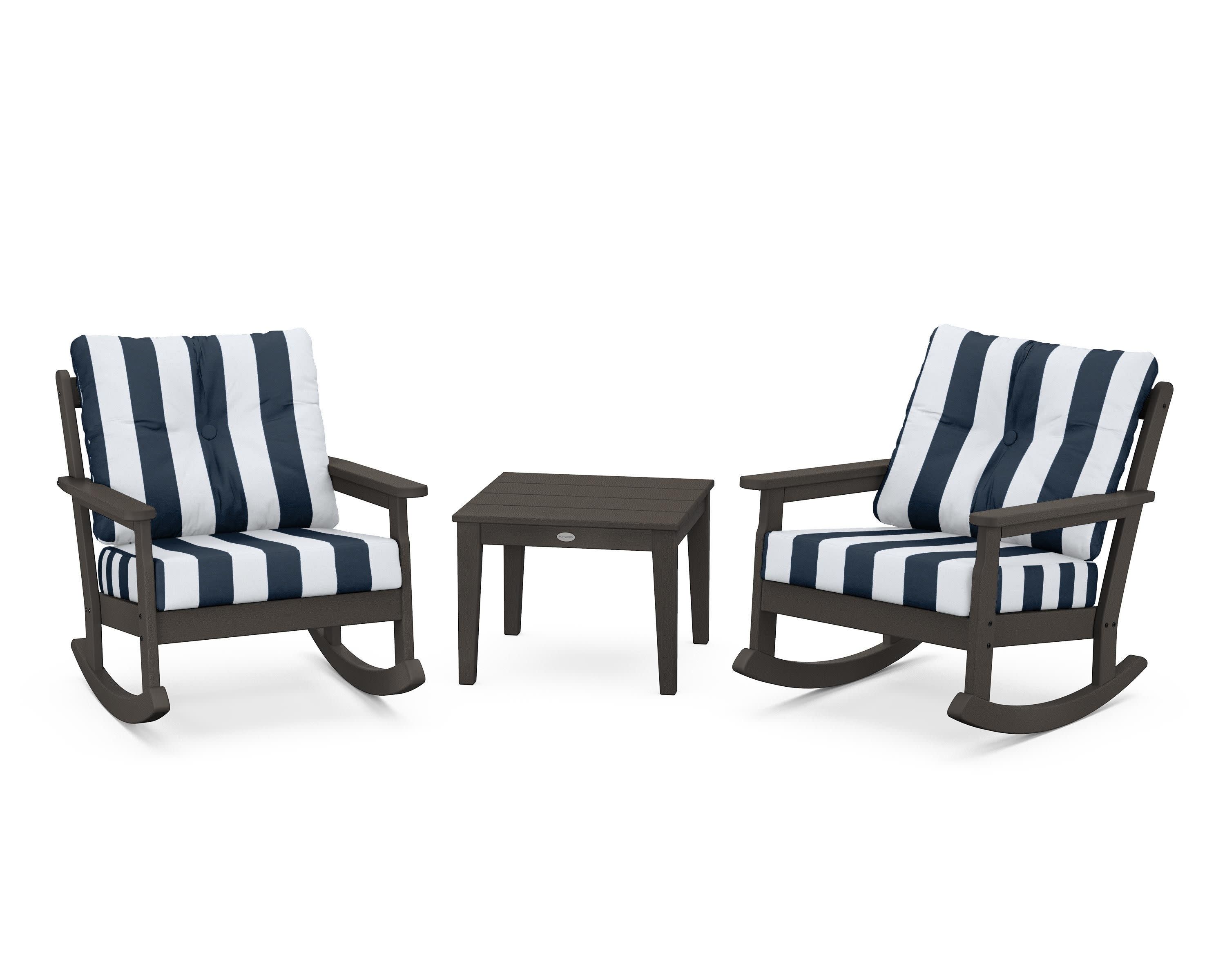 Vineyard 3-Piece Deep Seating Rocker Set in Vintage Coffee / Cabana Stripe Marine Indigo
