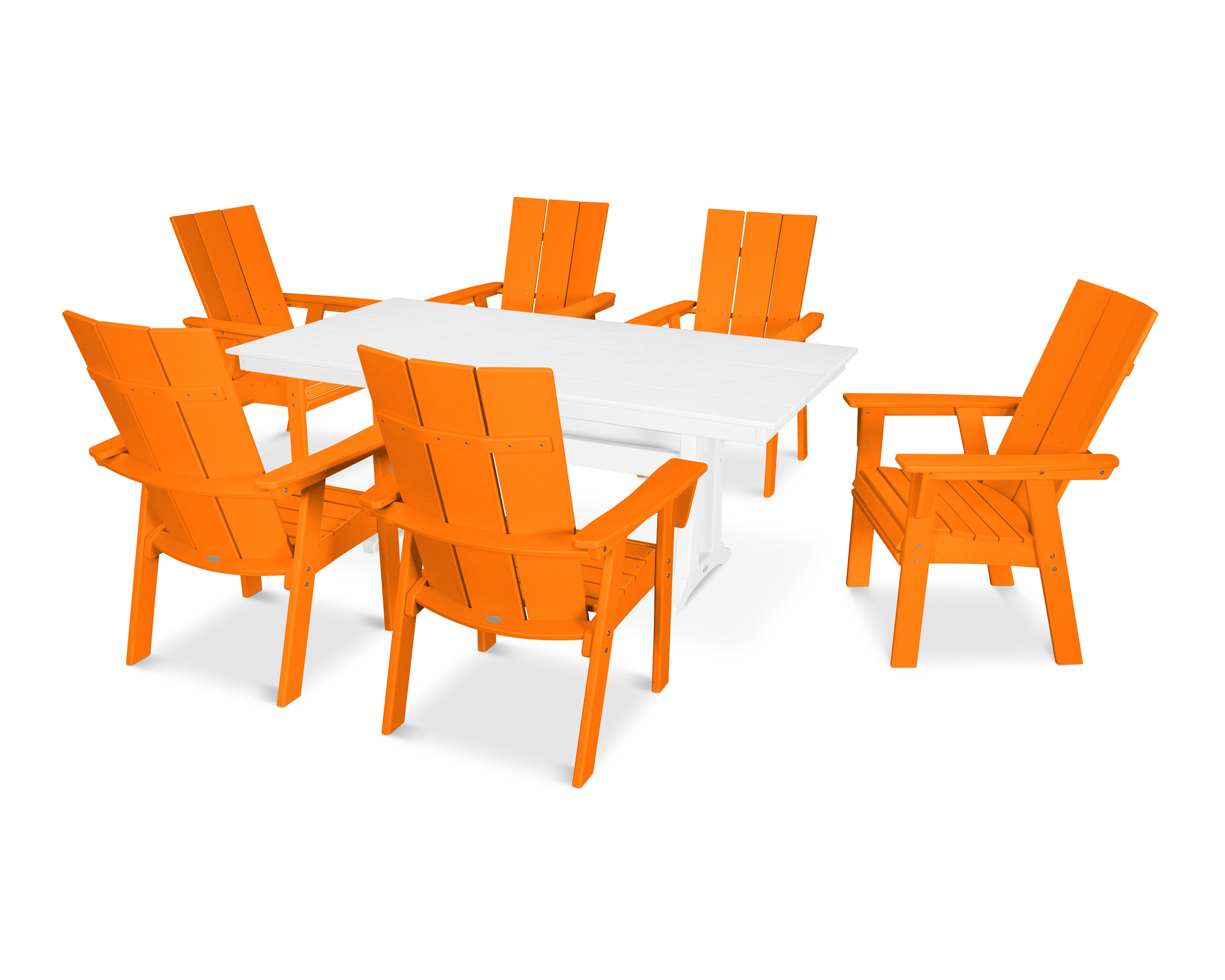 Modern Curveback Adirondack 7-Piece Farmhouse Dining Set with Trestle Legs in Tangerine / White