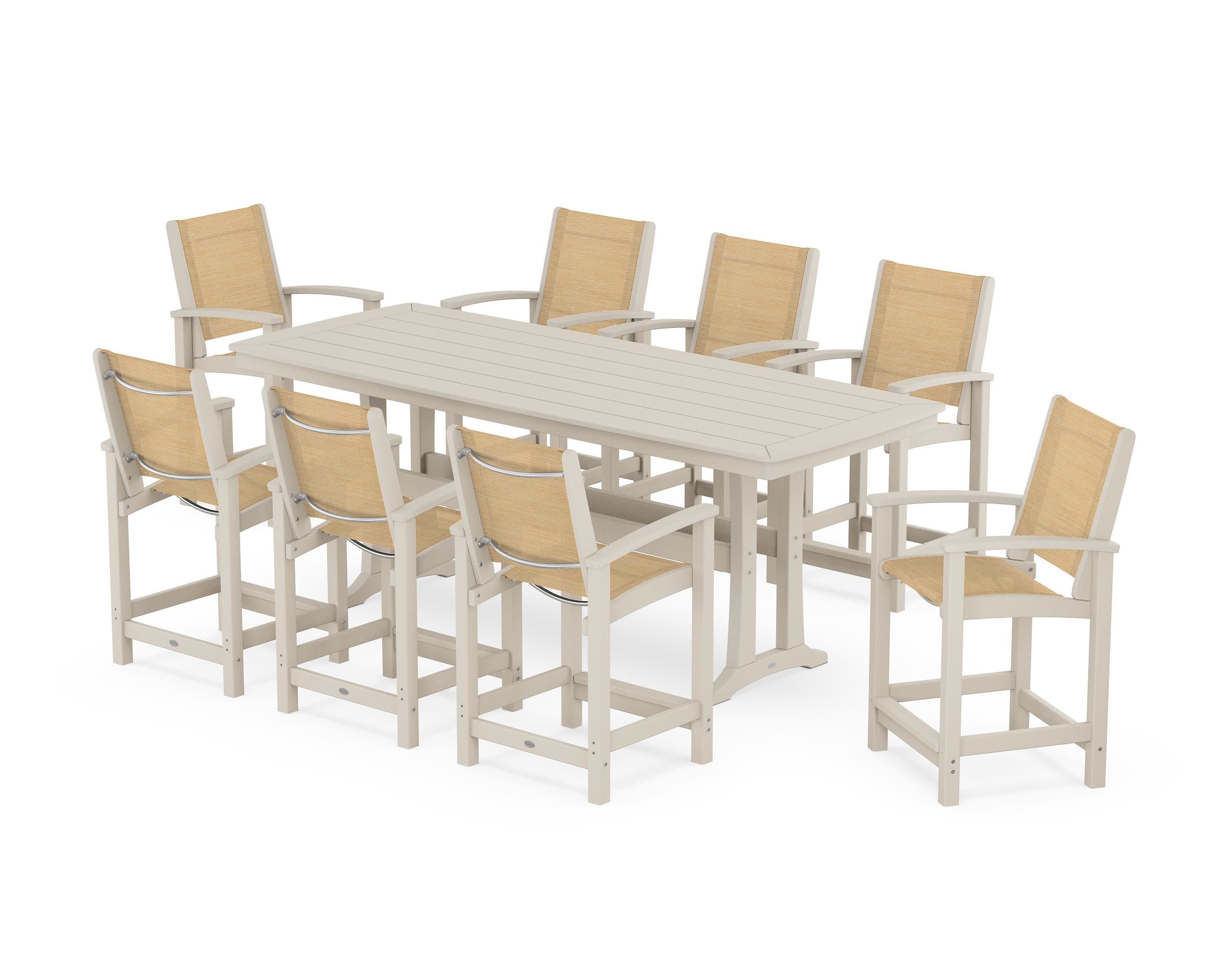 Coastal 9-Piece Counter Set with Trestle Legs in Sand / Dupioni Apricot Sling
