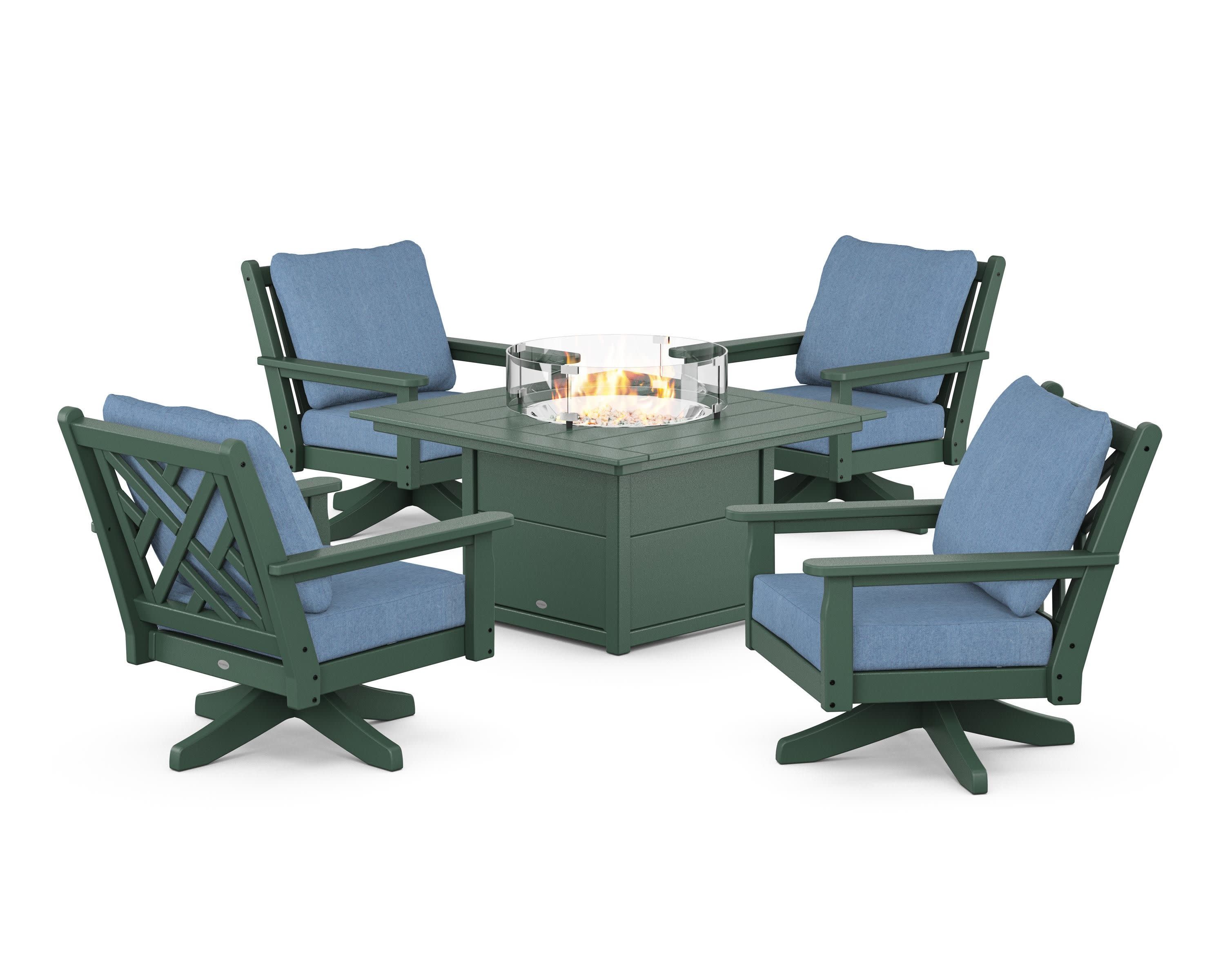 Chippendale 5-Piece Deep Seating Swivel Conversation Set with Fire Pit Table in Green / Sky Blue