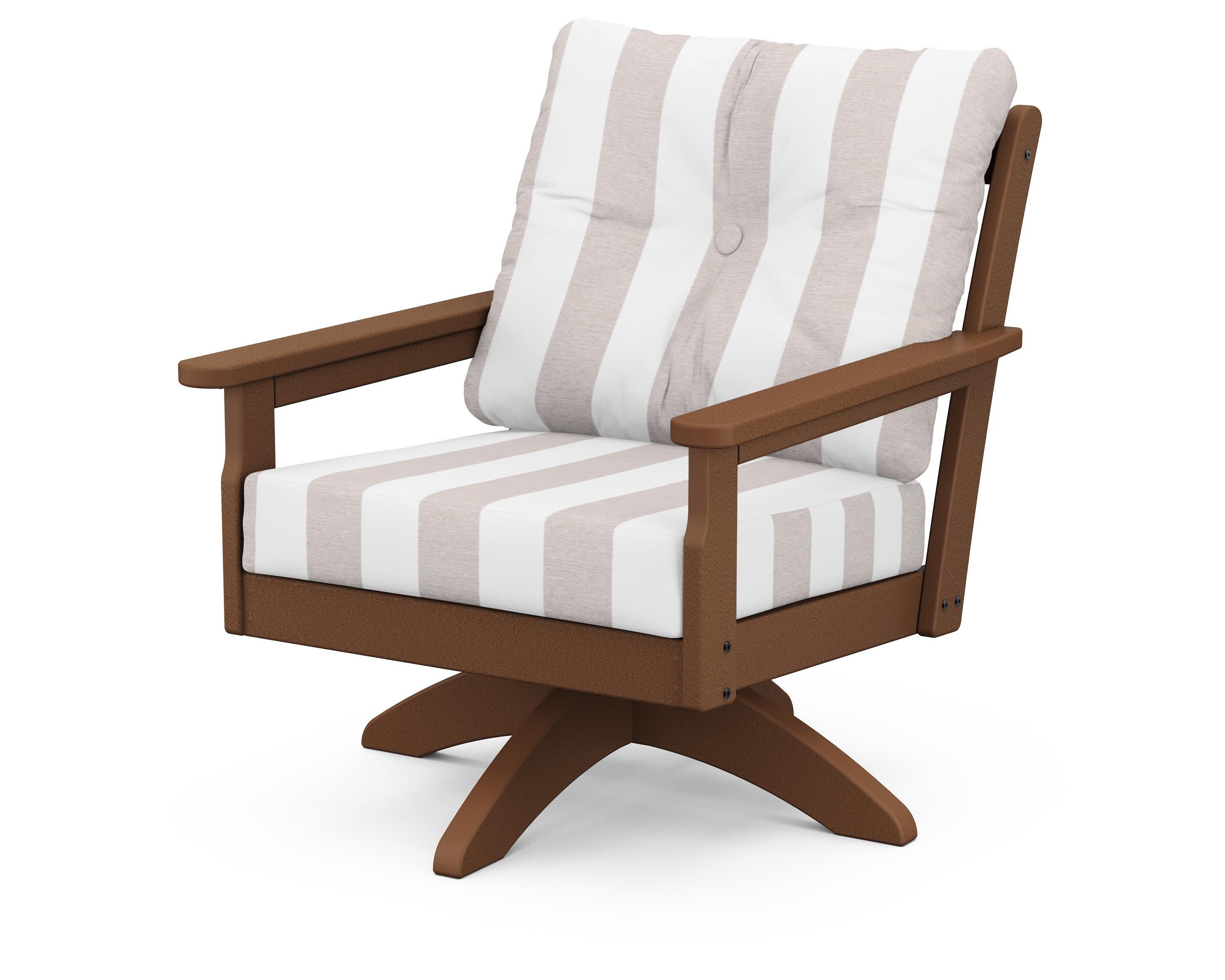 Vineyard Deep Seating Swivel Chair in Teak / Cabana Stripe Dune Burlap