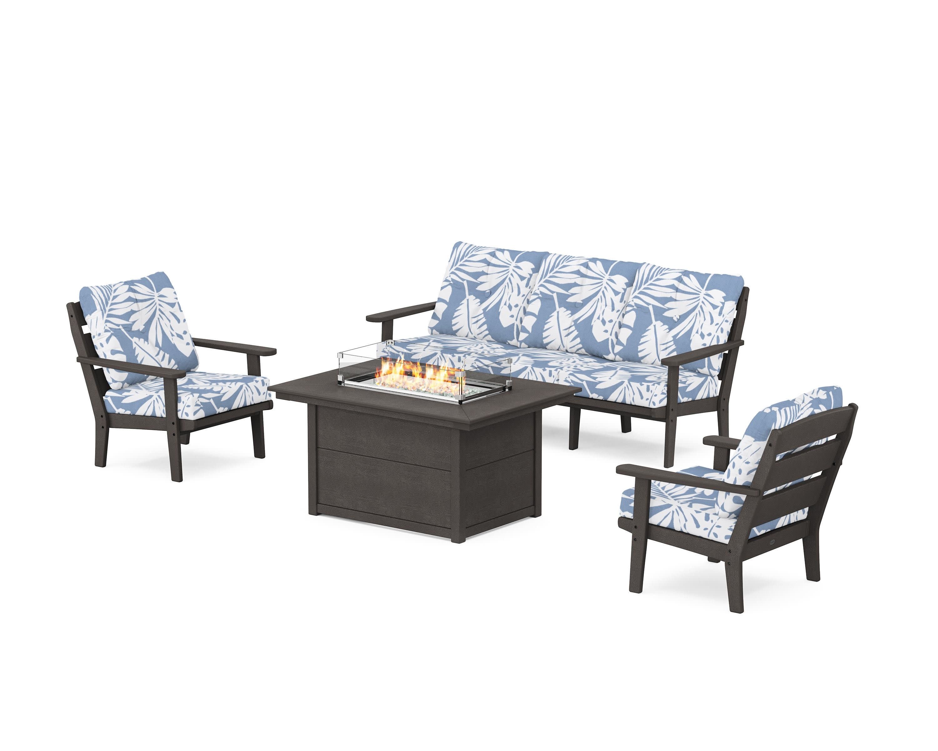 Lakeside Deep Seating Fire Pit Table Set in Vintage Coffee / Leaf Sky Blue