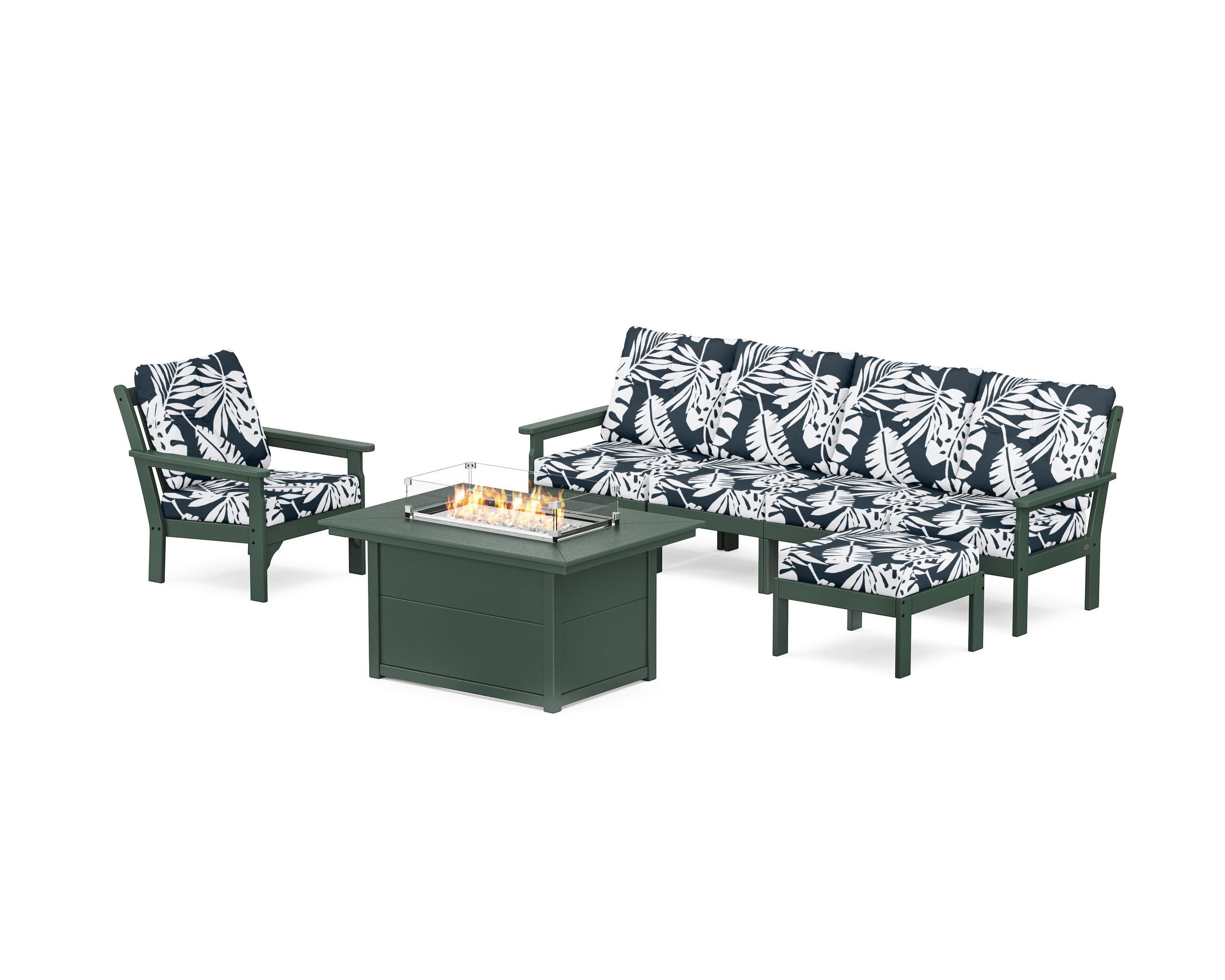 Vineyard Sectional Lounge and Fire Pit Set in Green / Leaf Marine Indigo