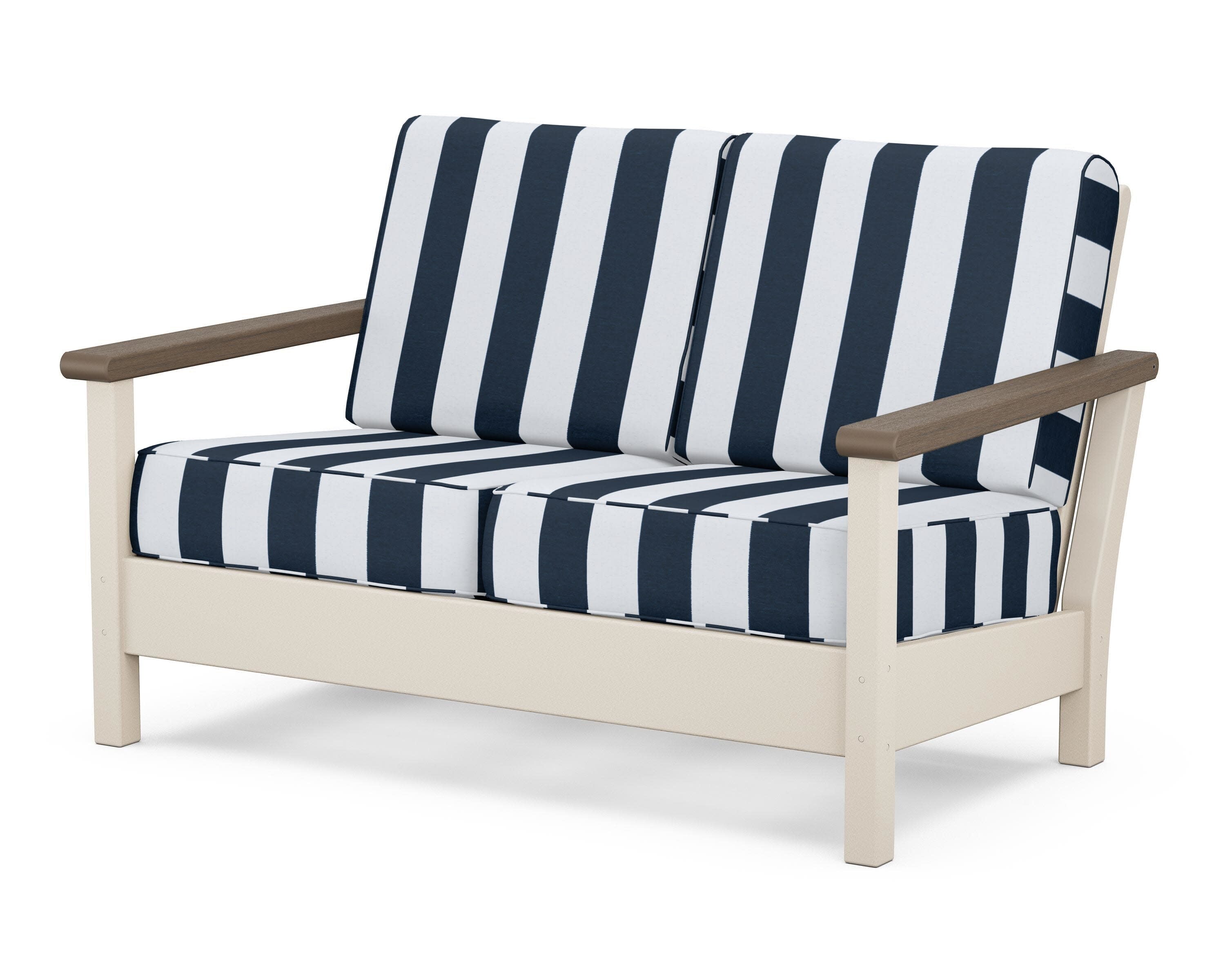 Harbour Deep Seating Loveseat in Sand / Kona / Cabana Stripe Marine Indigo