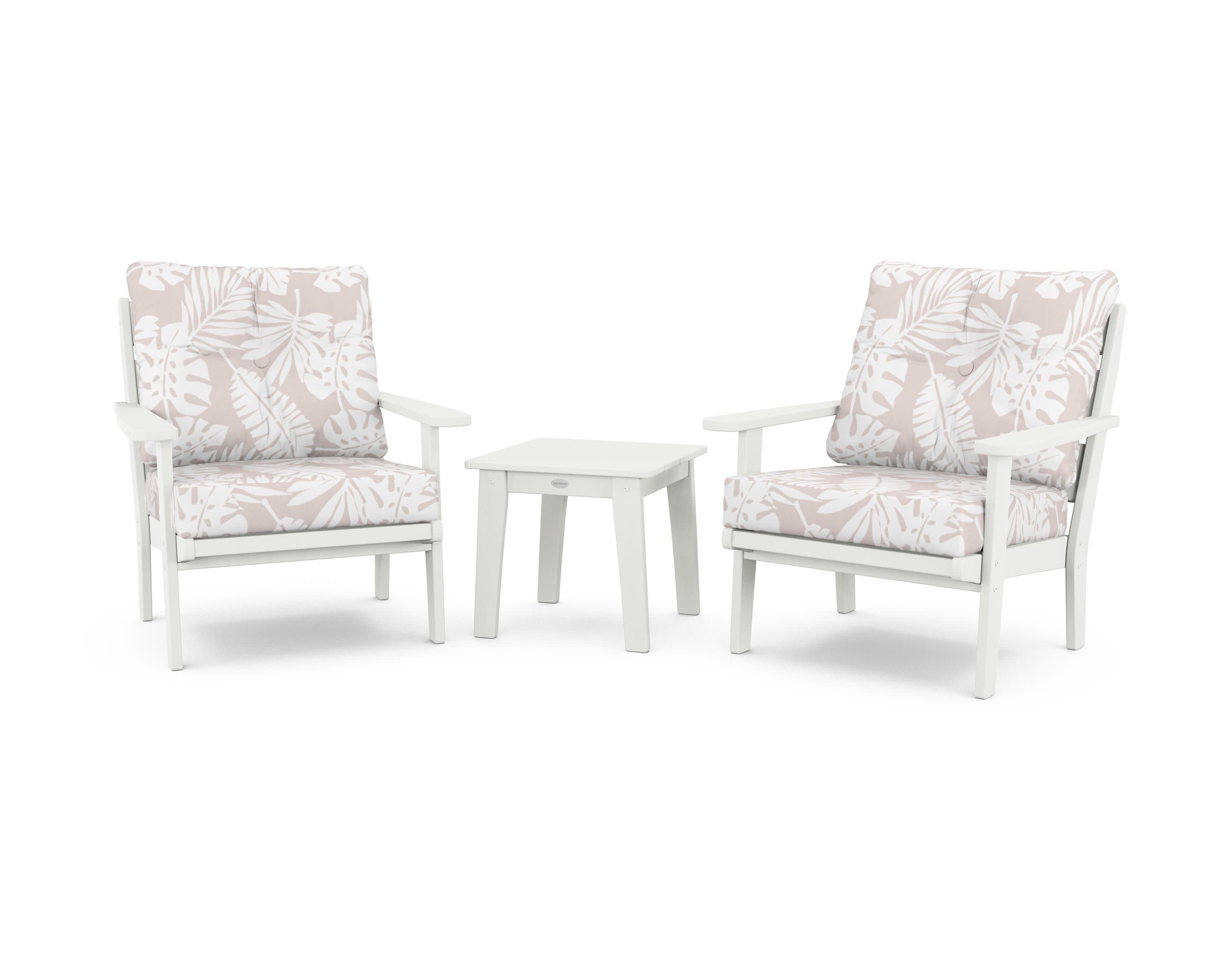 Lakeside 3-Piece Deep Seating Chair Set in Vintage White / Leaf Dune Burlap