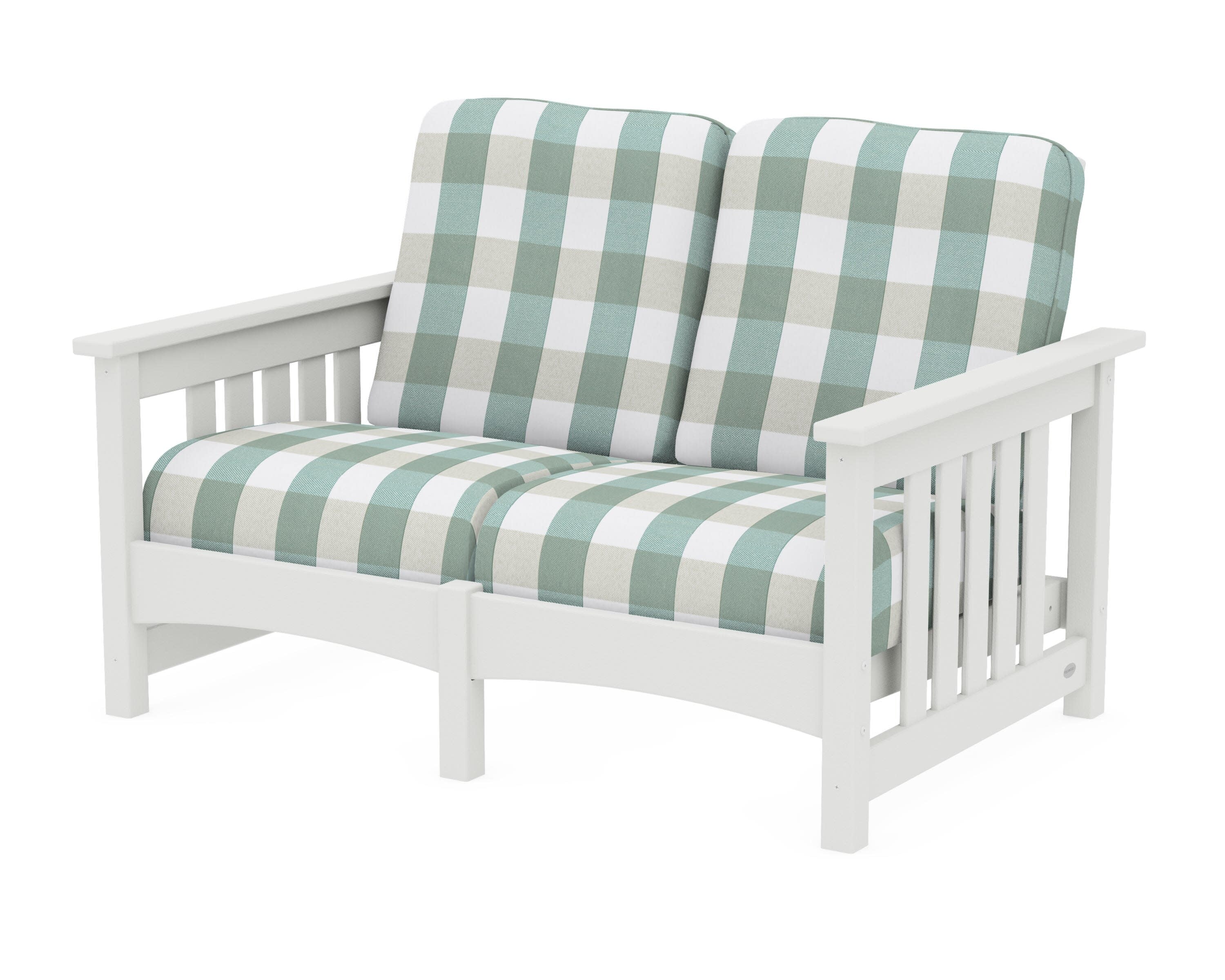 Club Mission Loveseat in Vintage White / Buffalo Plaid Glacier Spa