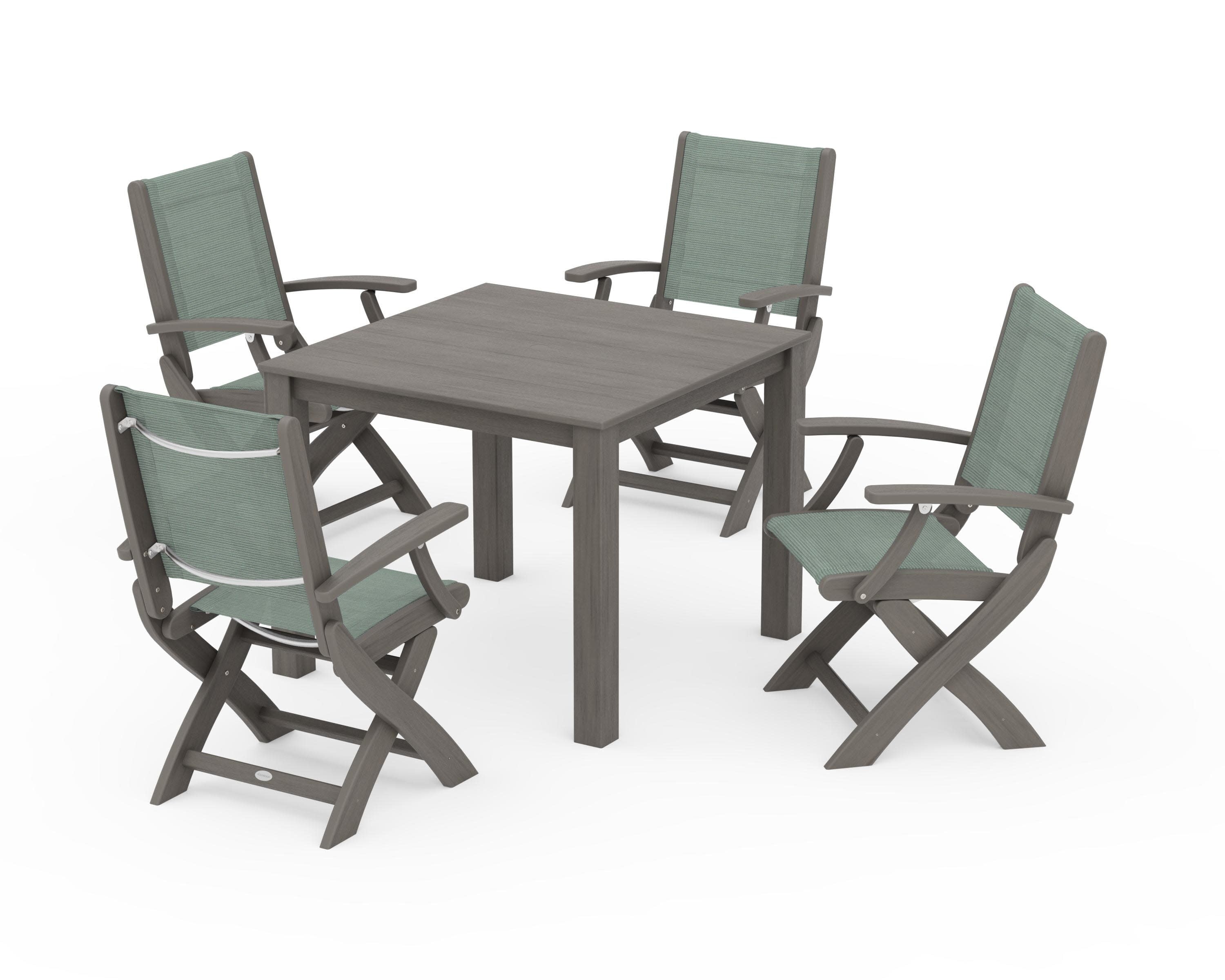 Coastal Folding Chair 5-Piece Parsons Dining Set in Driftwood / Dupioni Sea Mist Sling